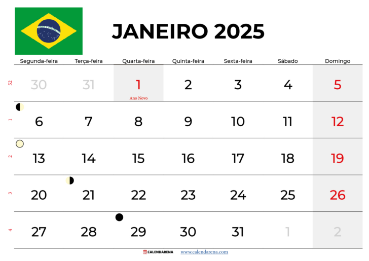 Calendário 2025 de Janeiro