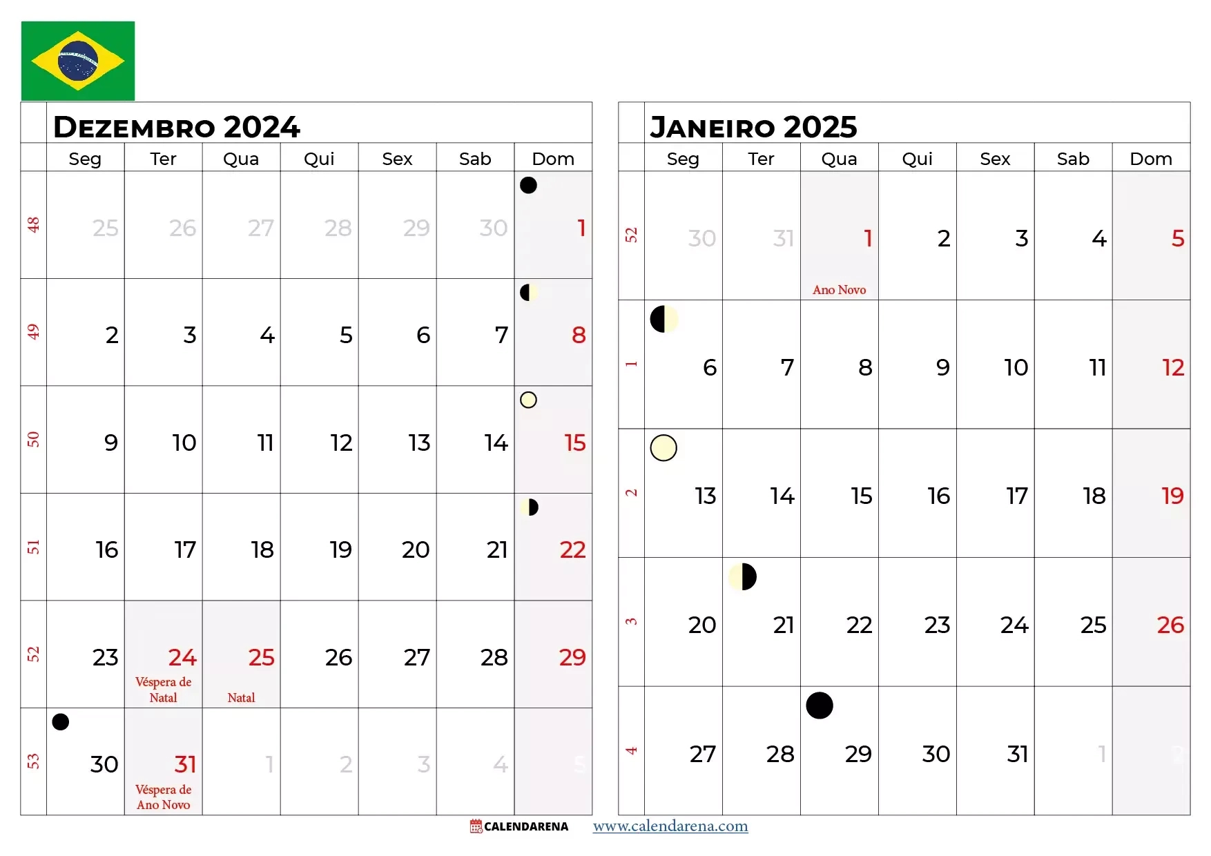 Calendario Janeiro 2025 Brasil | Calendário Dezembro 2025 Janeiro