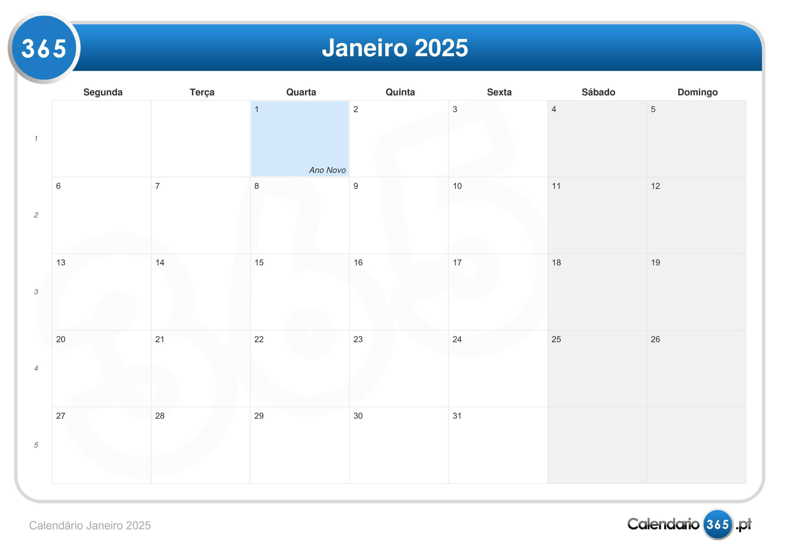 Calendário Janeiro 2025 | Calendário Janeiro 2025 Portugal