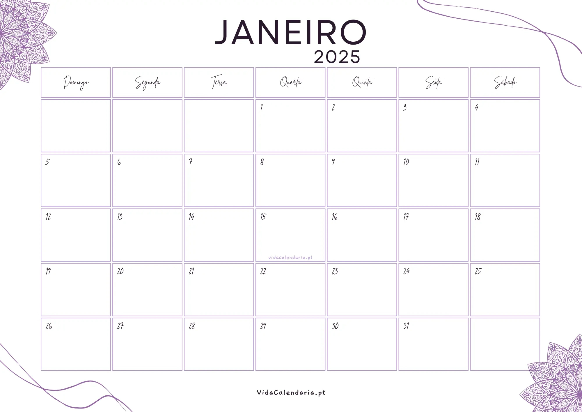 Calendário Janeiro 2025 💜 Imprimir | Calendário Janeiro 2025 Brasil