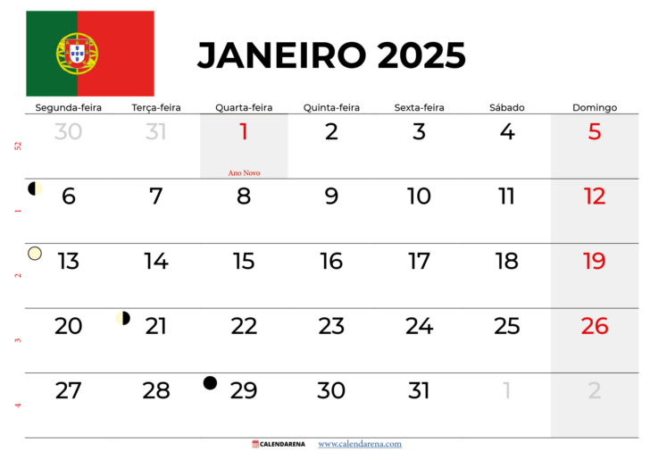 Calendário de Janeiro 2025