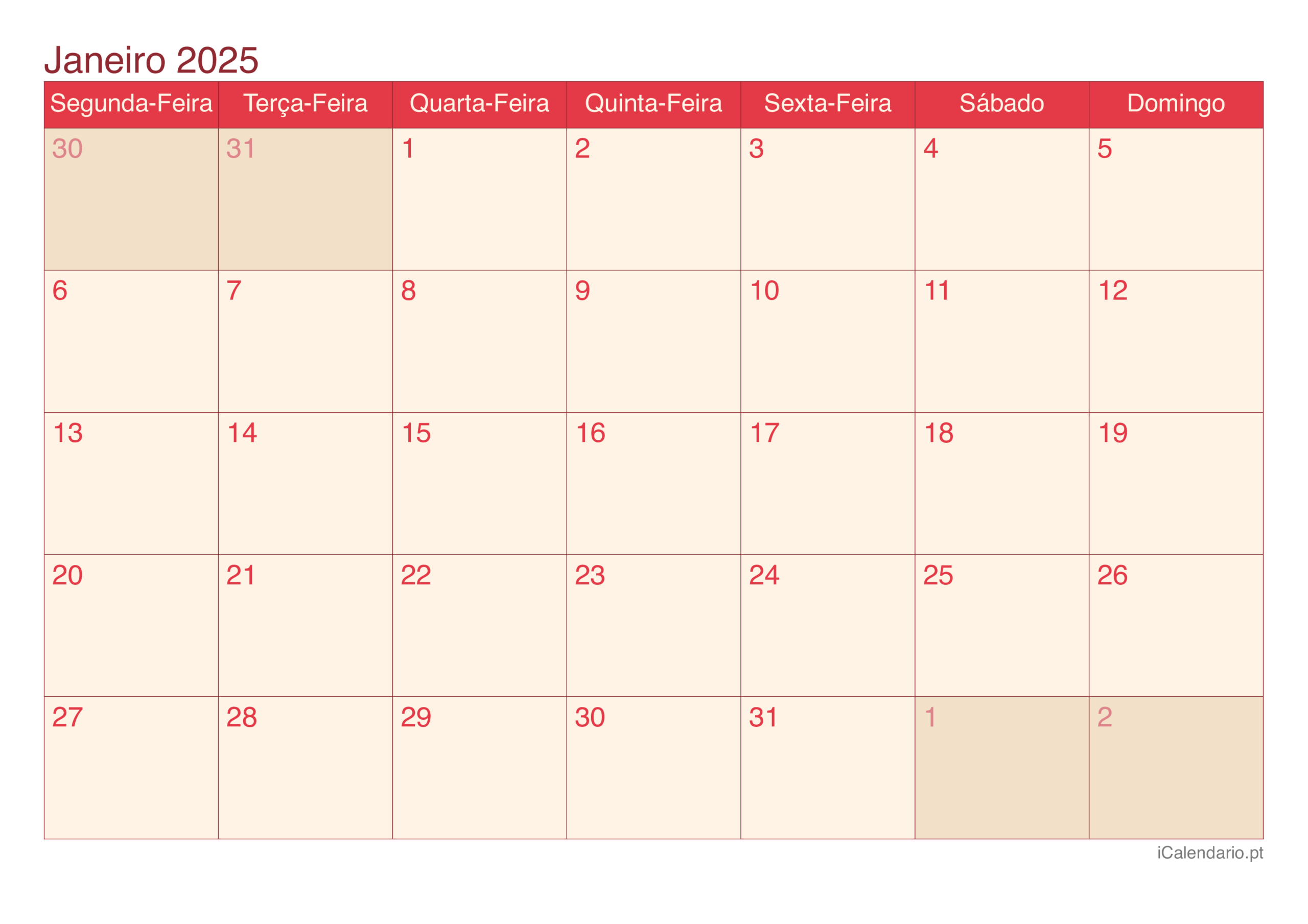 Calendário Janeiro De 2025 Para Imprimir | Calendário de 2025 Mês de Janeiro