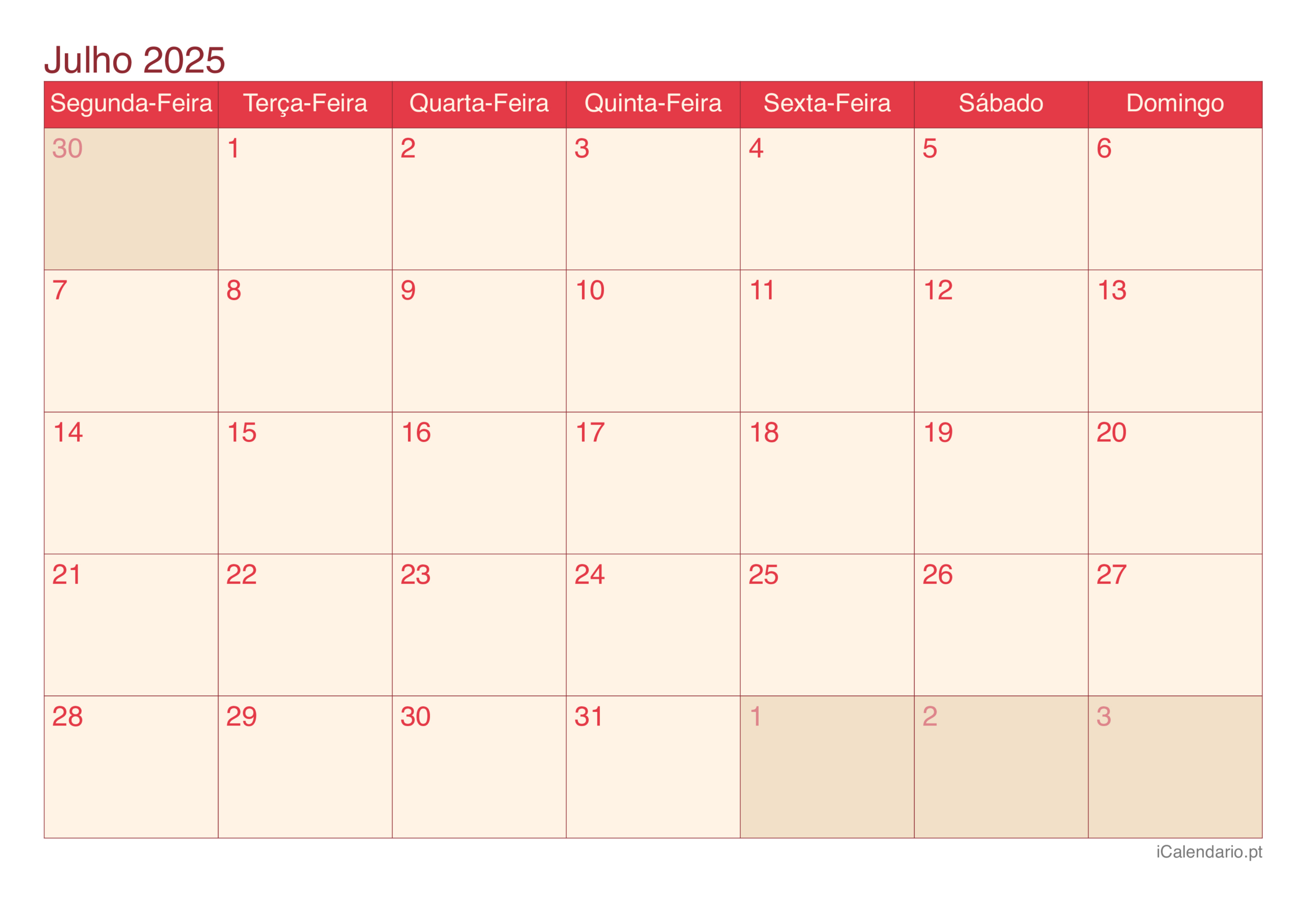 Calendário Julho De 2025 Para Imprimir | Calendário do Mês de Julho 2025