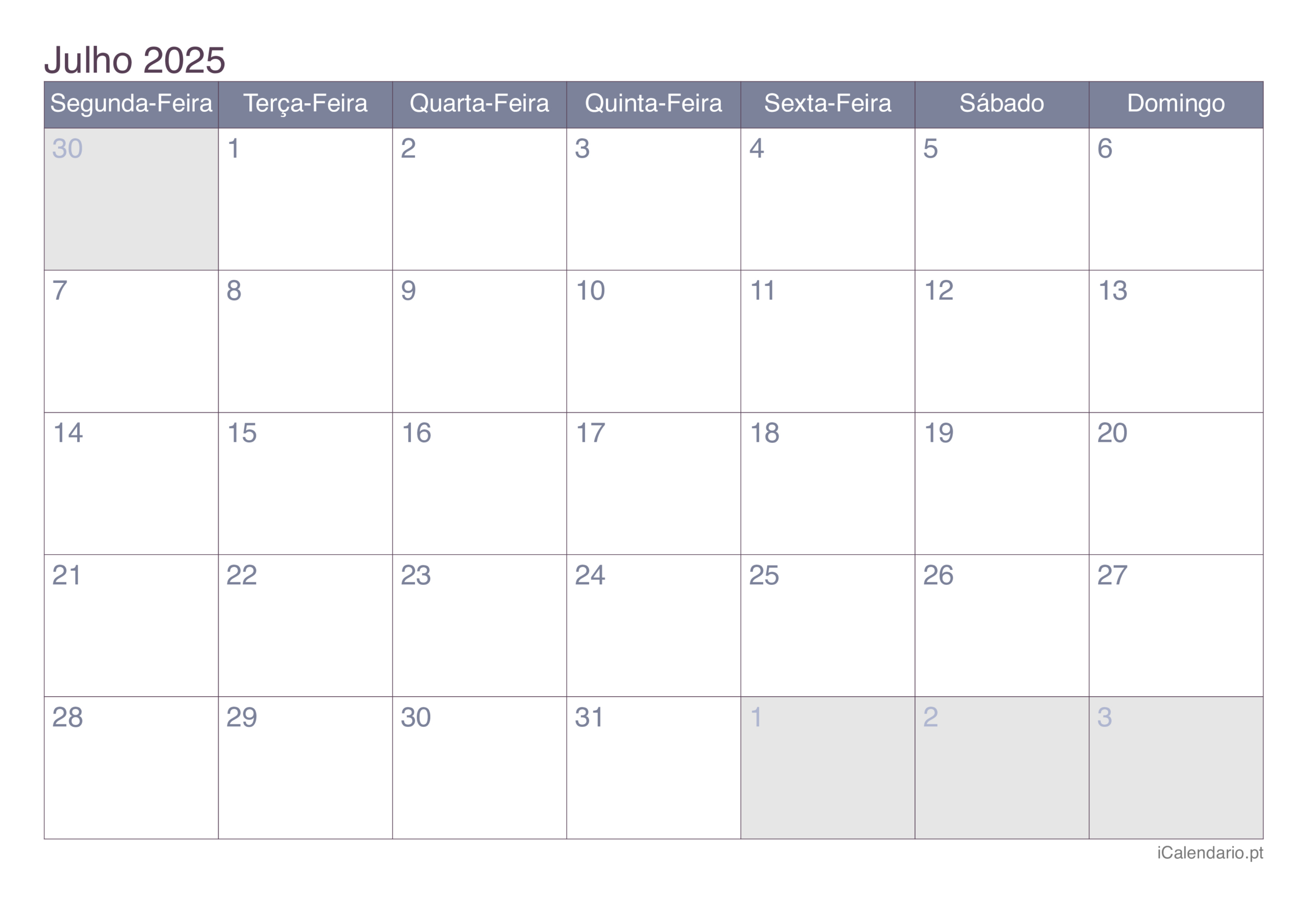 Calendário Julho De 2025 Para Imprimir | Calendário do Mês de Julho 2025