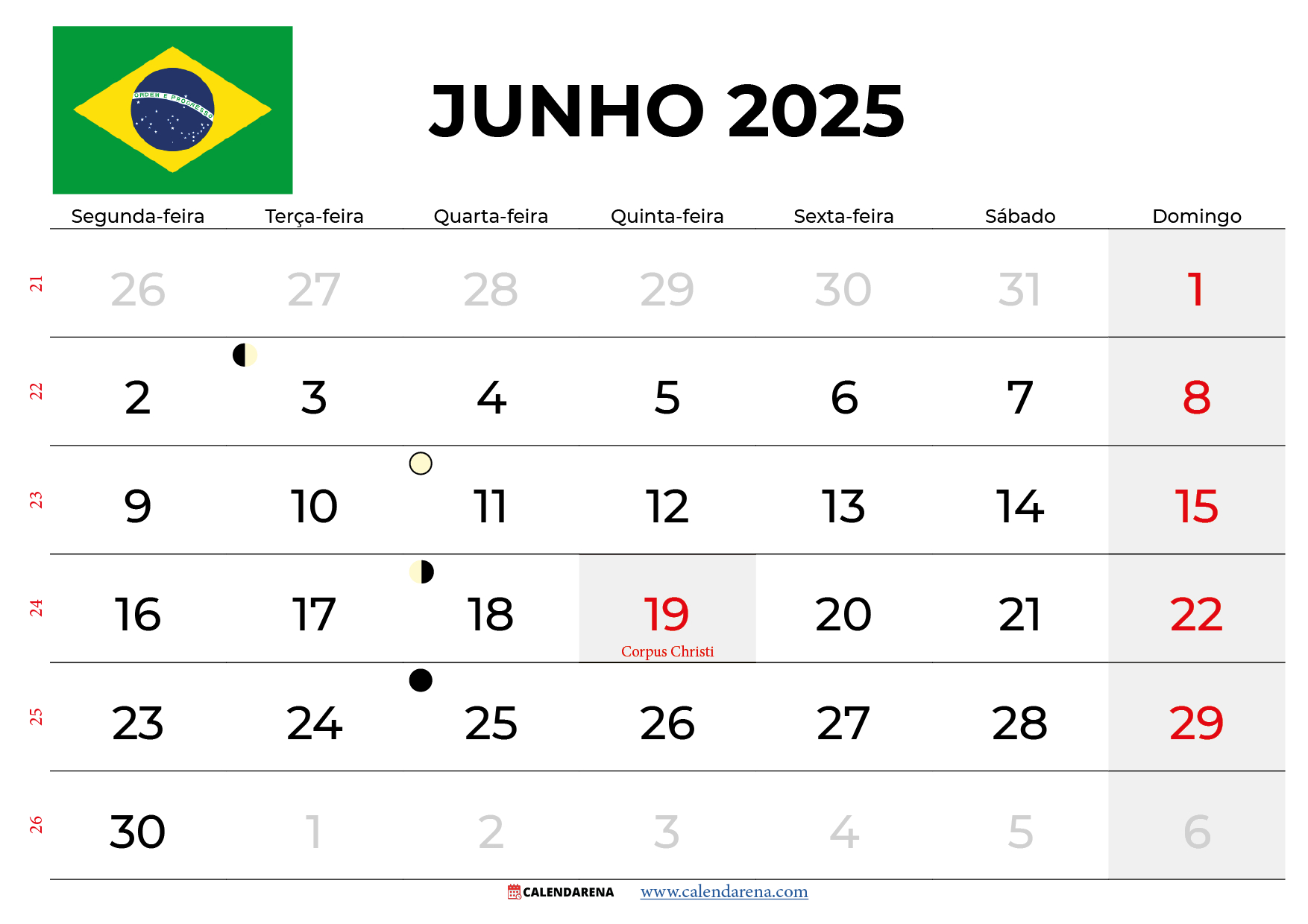 Calendário Junho 2025 Brasil | Calendário Junho 2025 com Feriados