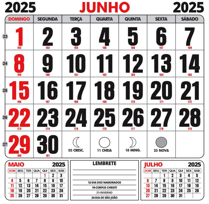 Calendário do Mês de Junho 2025