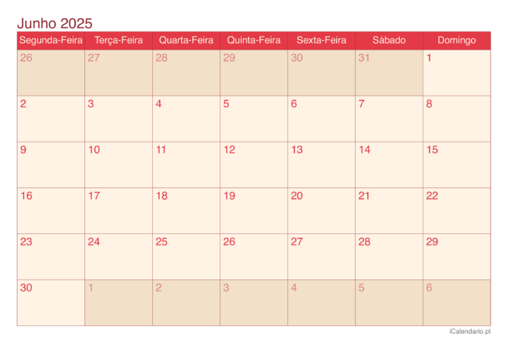 Calendário do Mês de Junho de 2025