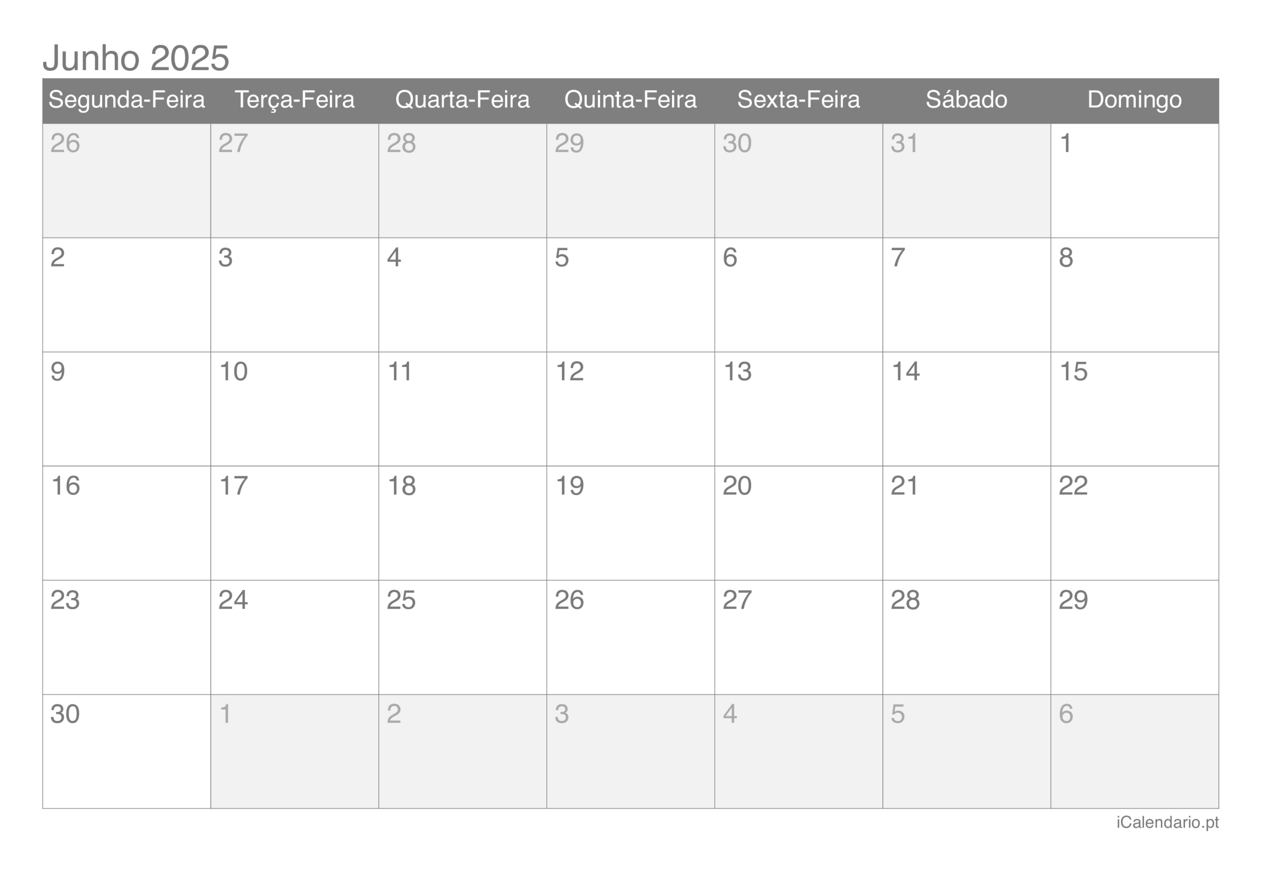 Calendário Junho De 2025 Para Imprimir | Calendário Junho 2025 para Imprimir
