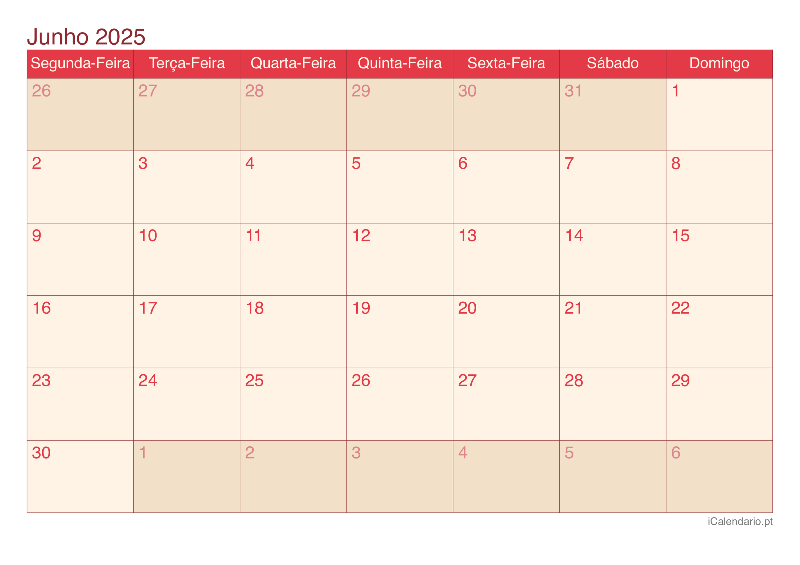 Calendário Junho De 2025 Para Imprimir | Calendário Mês de Junho 2025