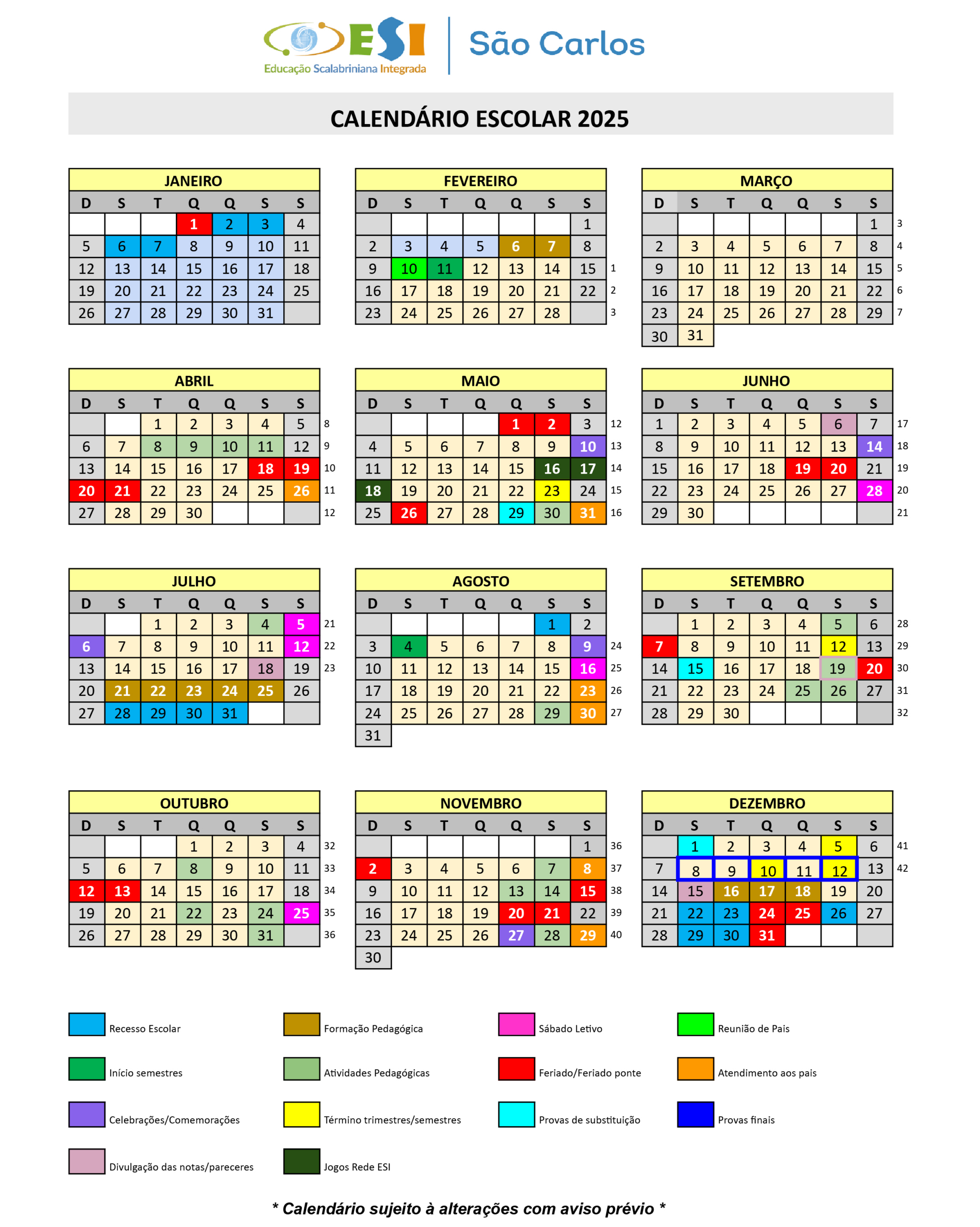 Calendário Letivo 2025 | Colégio Esi São Carlos — Caxias Do Sul, Rs | Calendário Escolar 2025 Rs