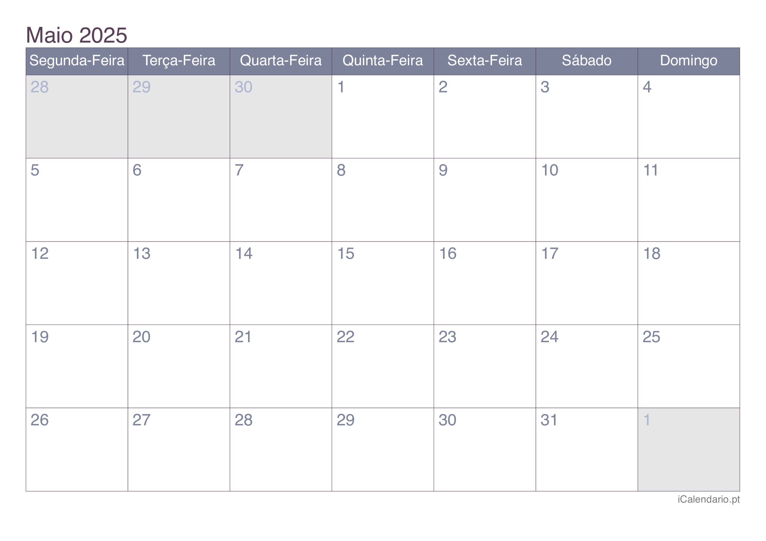 Calendário Maio De 2025 Para Imprimir | Calendário de Maio 2025