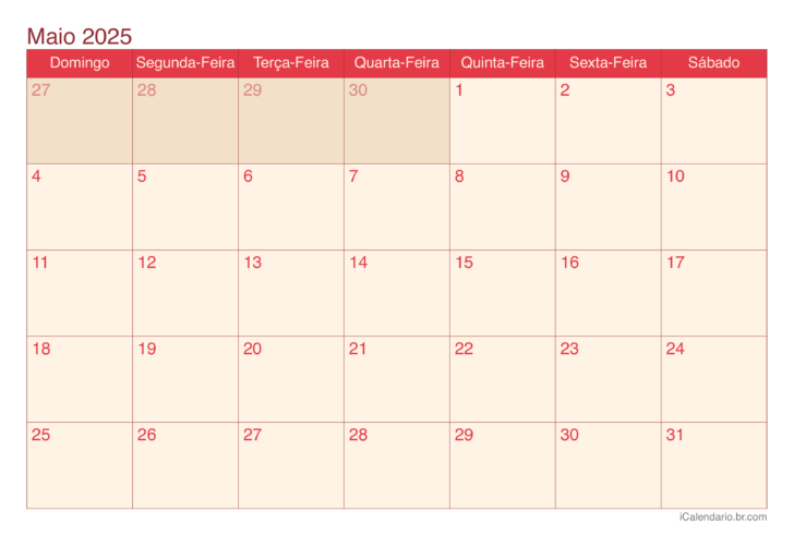 Calendário do Mês de Maio de 2025