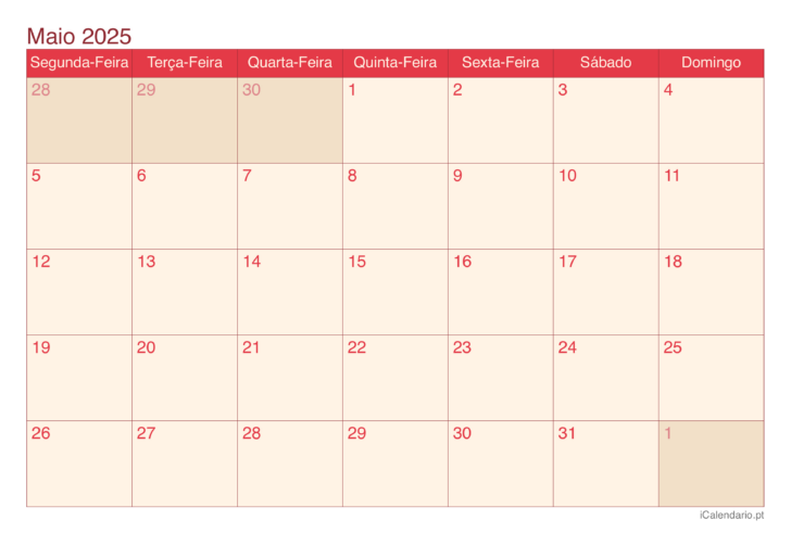 Calendário Mês de Maio 2025