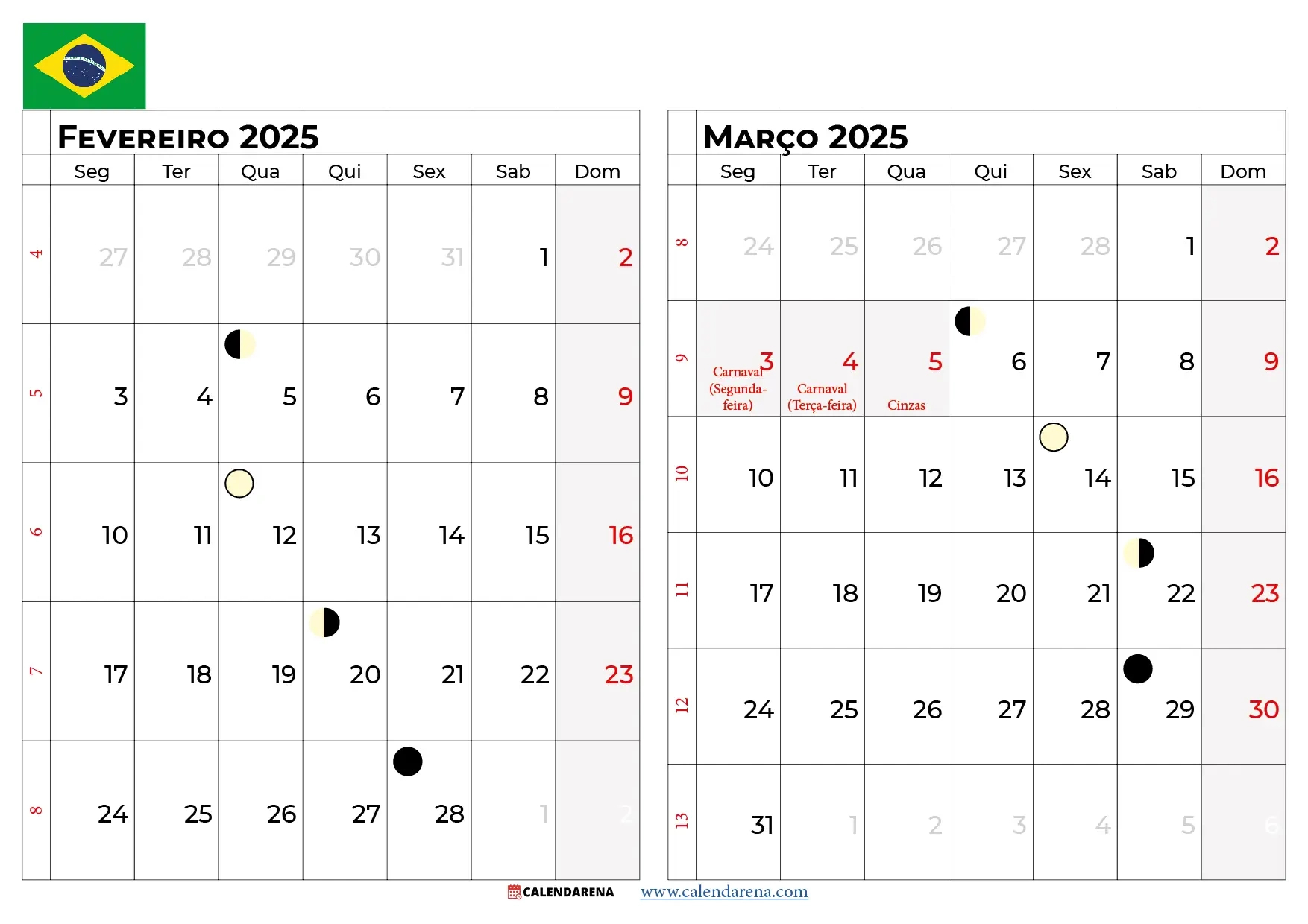 Calendário Março 2025 Brasil | Calendário de Fevereiro e Março de 2025