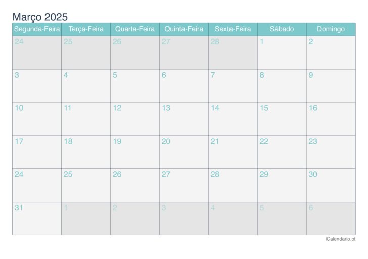 Calendário Março 2025 com Feriados