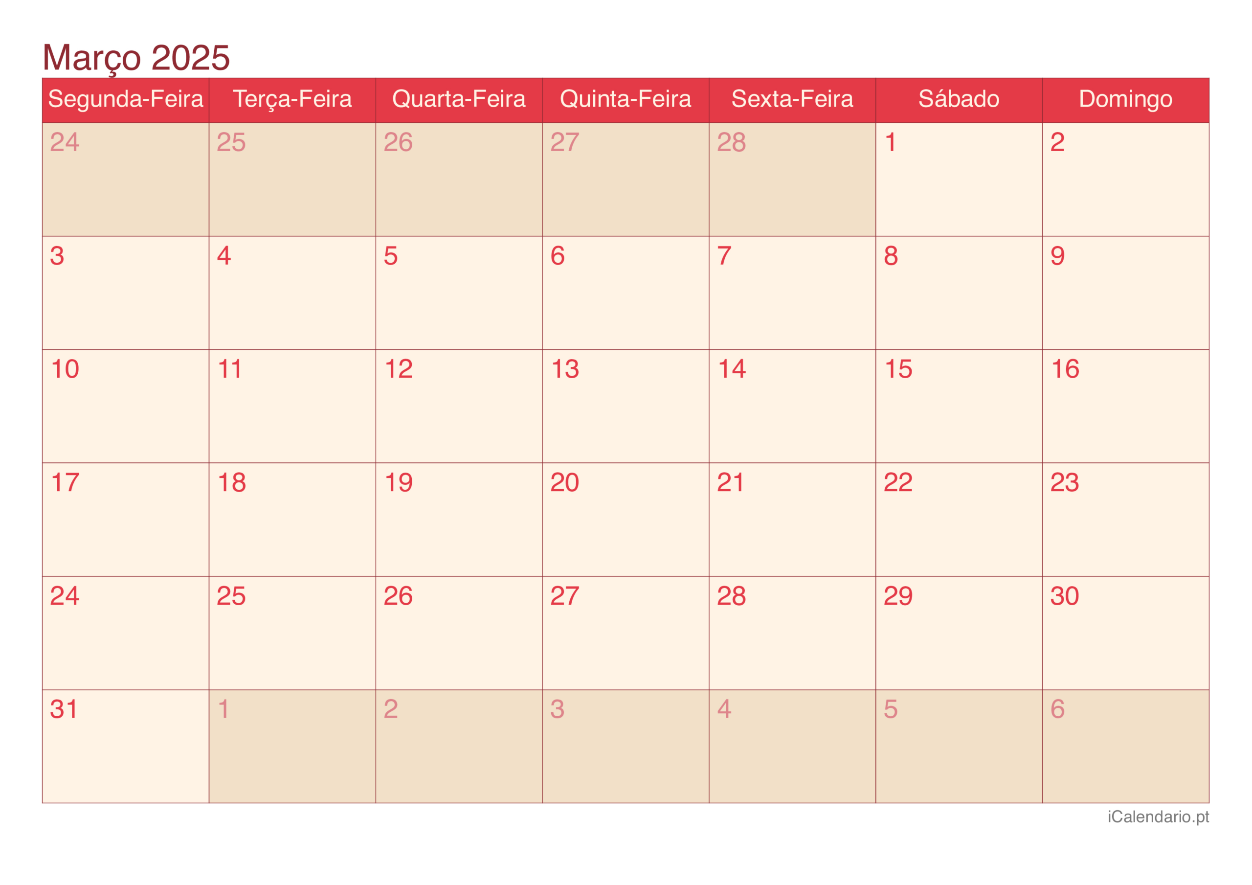 Calendário Março De 2025 Para Imprimir | Calendário Março 2025 Para Imprimir