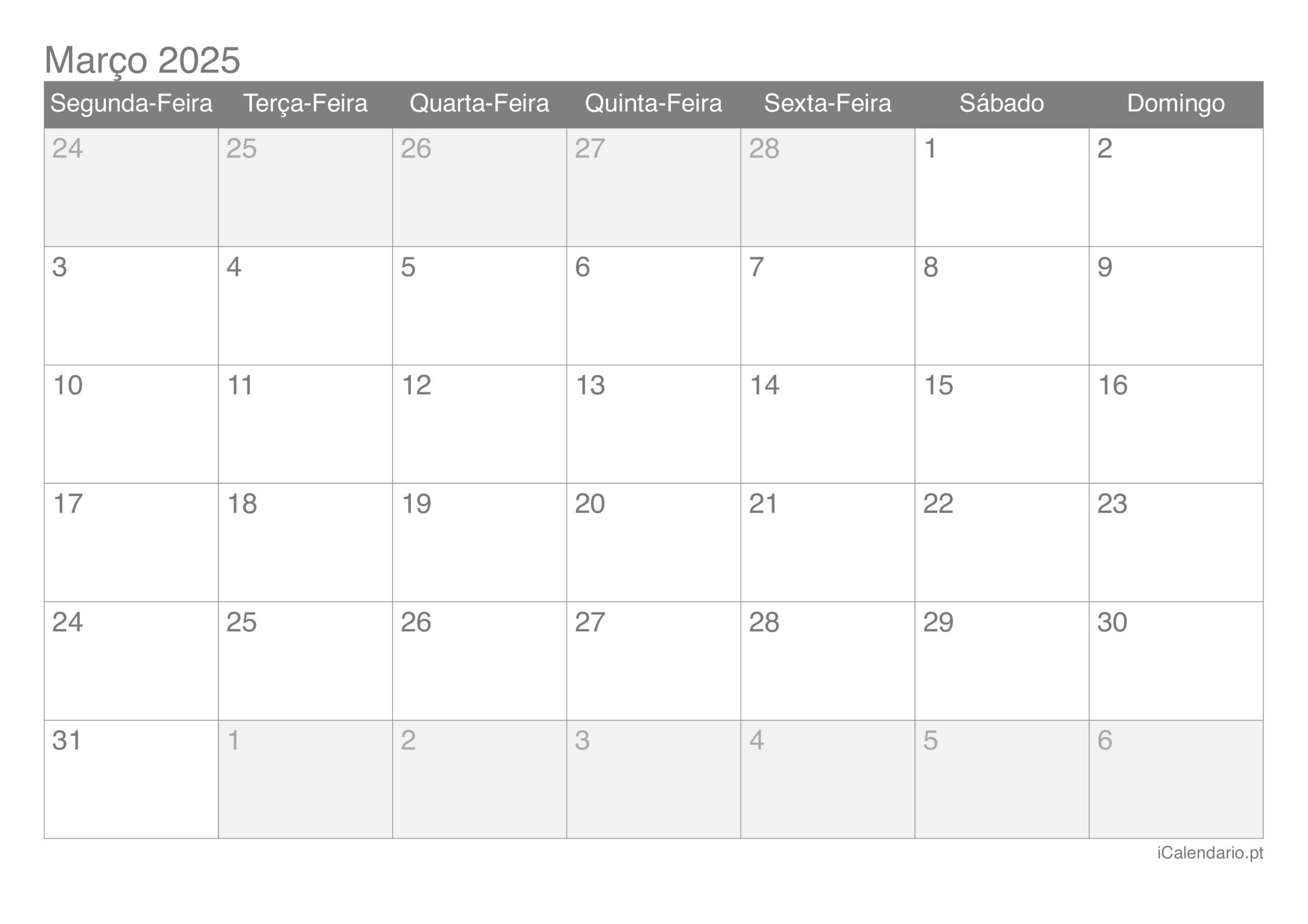 Calendário Março De 2025 Para Imprimir | Calendário Março 2025 para Imprimir