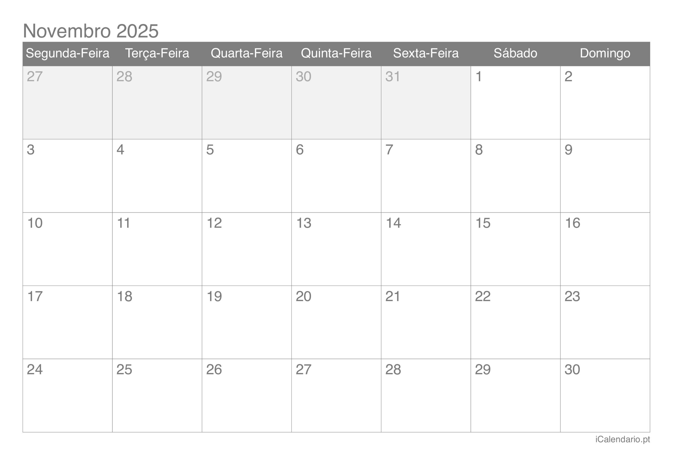 Calendário Novembro De 2025 Para Imprimir | Calendário de Novembro 2025