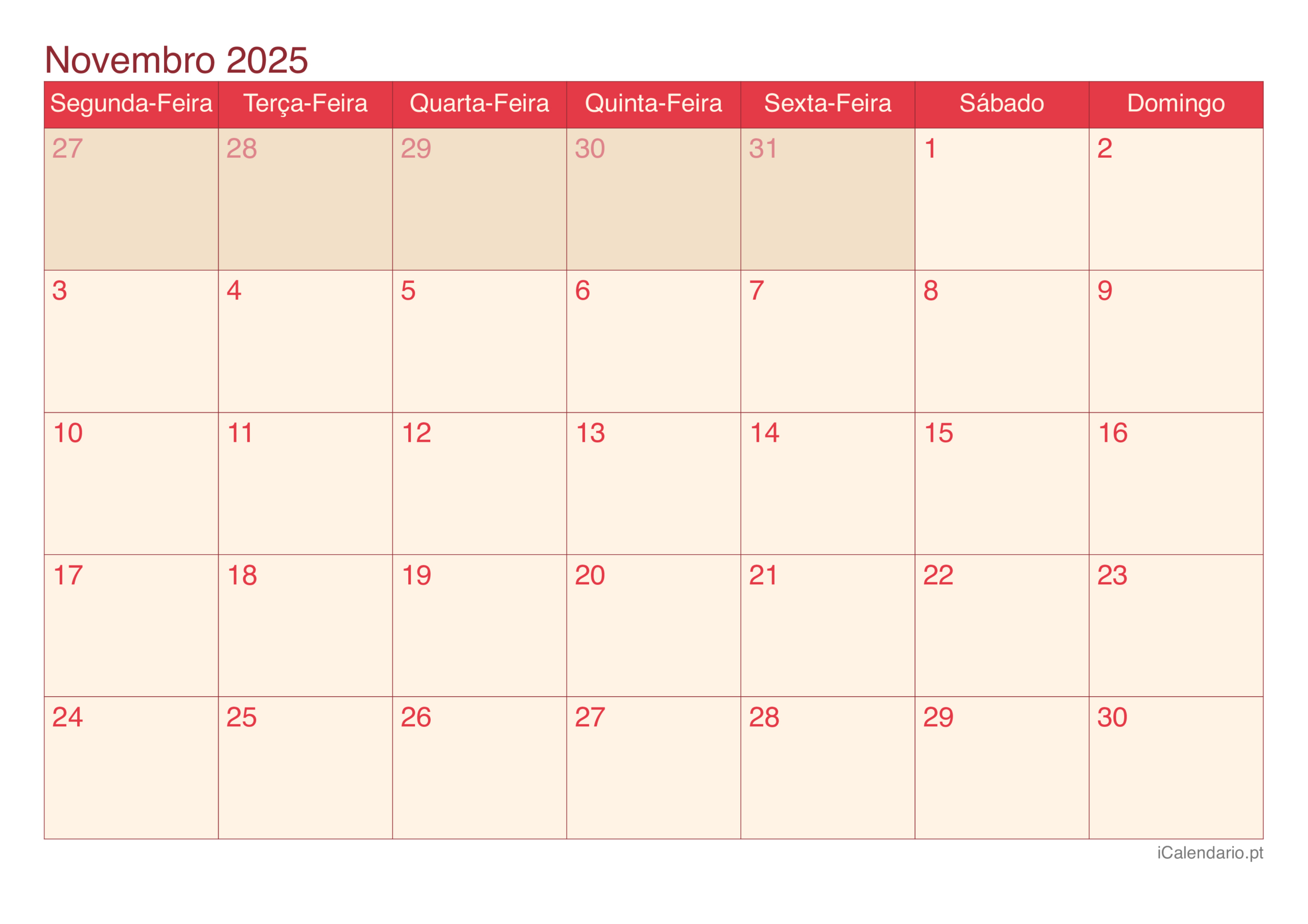 Calendário Novembro De 2025 Para Imprimir | Calendário do Mês de Novembro de 2025