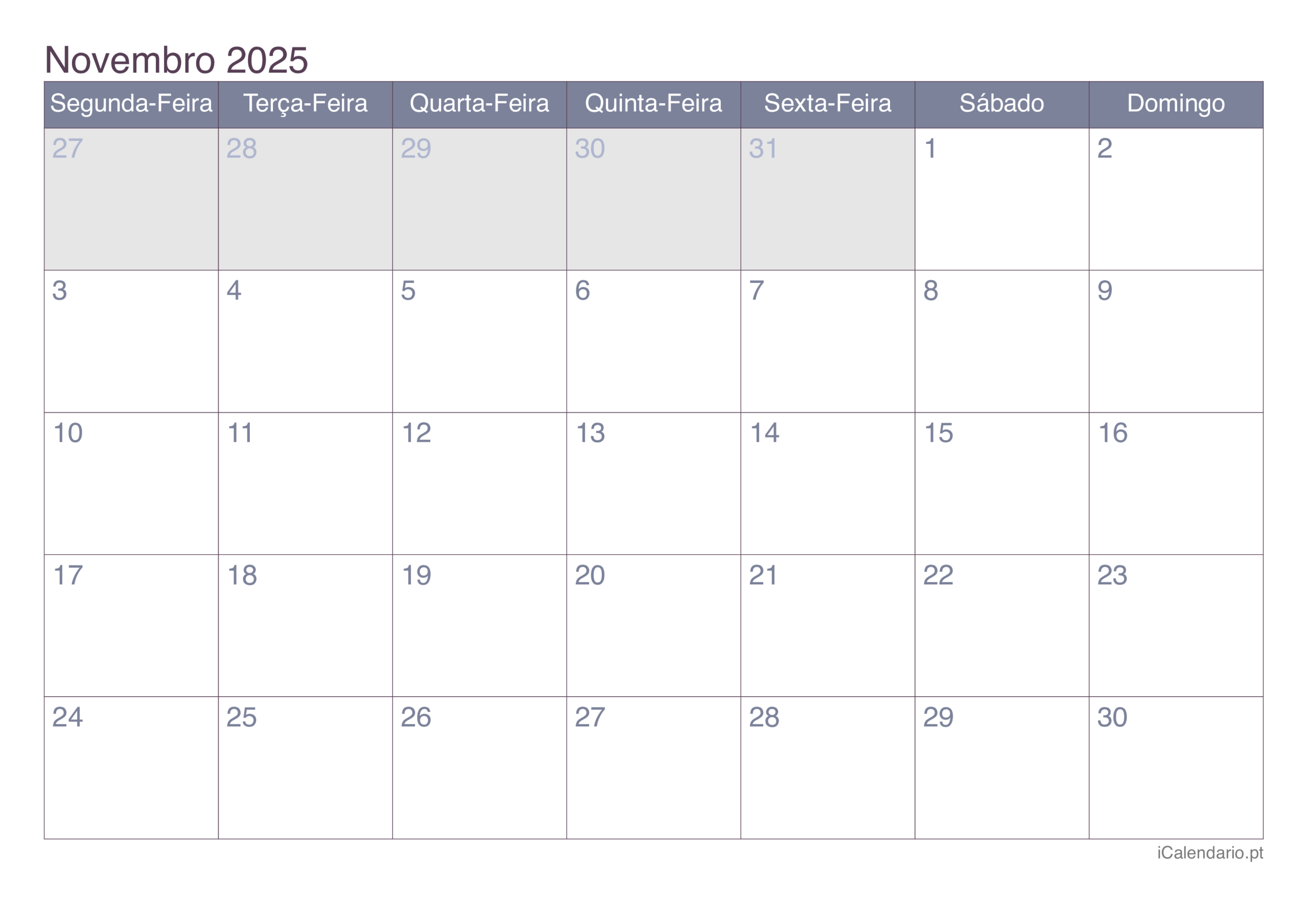 Calendário Novembro De 2025 Para Imprimir | Calendário Do Mês De Novembro De 2025