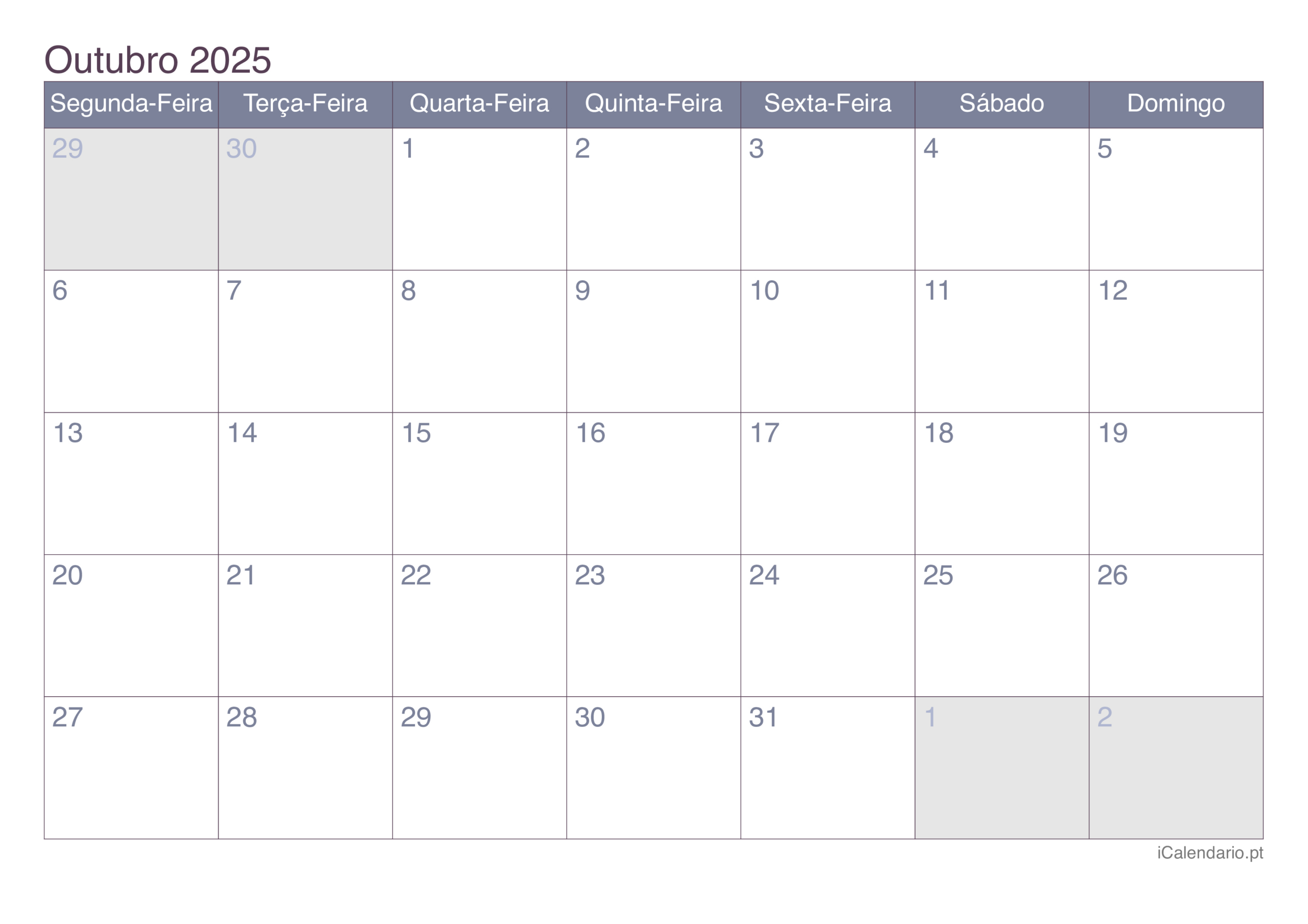 Calendário Outubro De 2025 Para Imprimir | Calendário Outubro de 2025