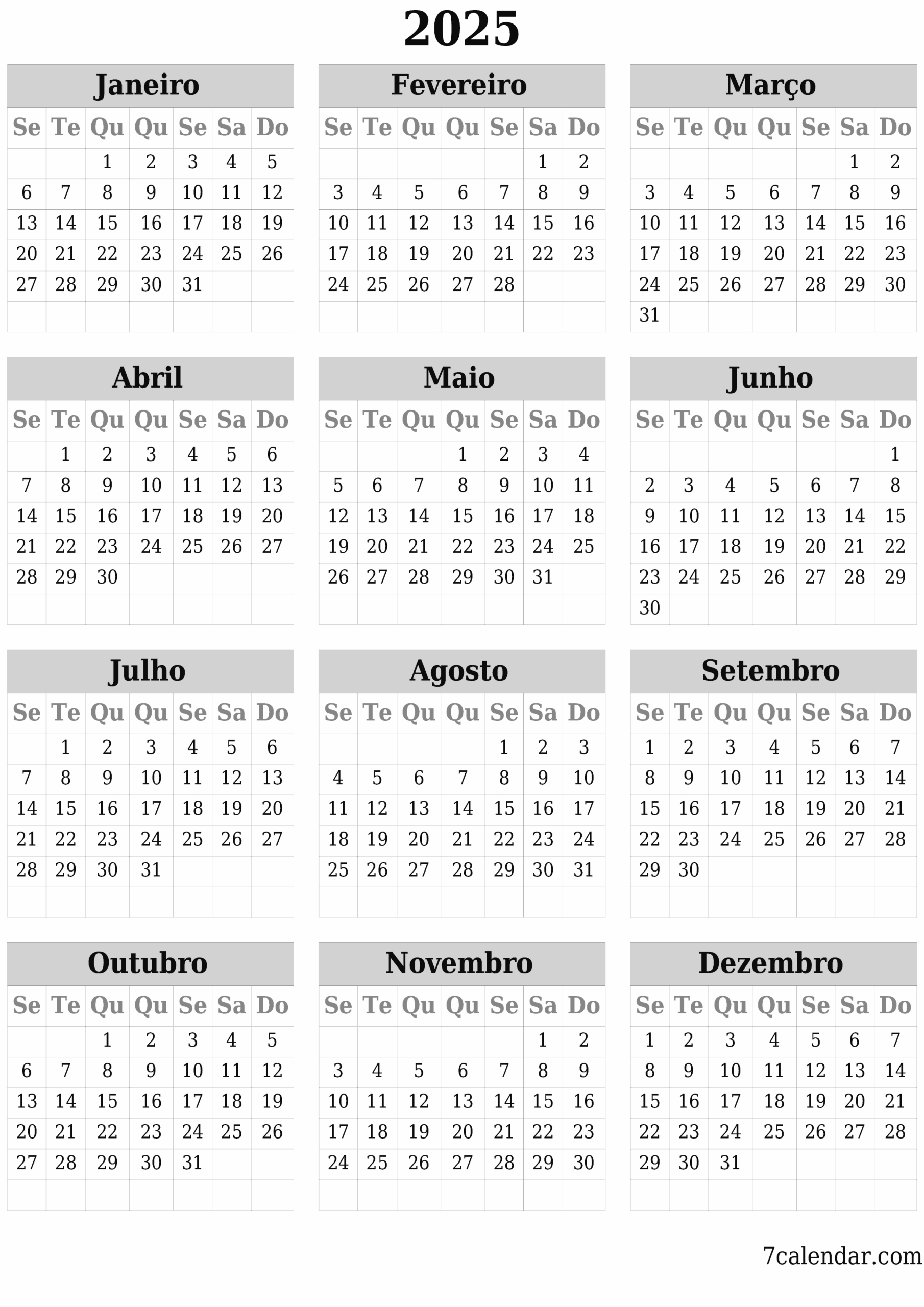 Calendários E Planejadores Imprimíveis Para O Ano 2025 A4, A3 Para | Mini Calendário 2025 para Imprimir