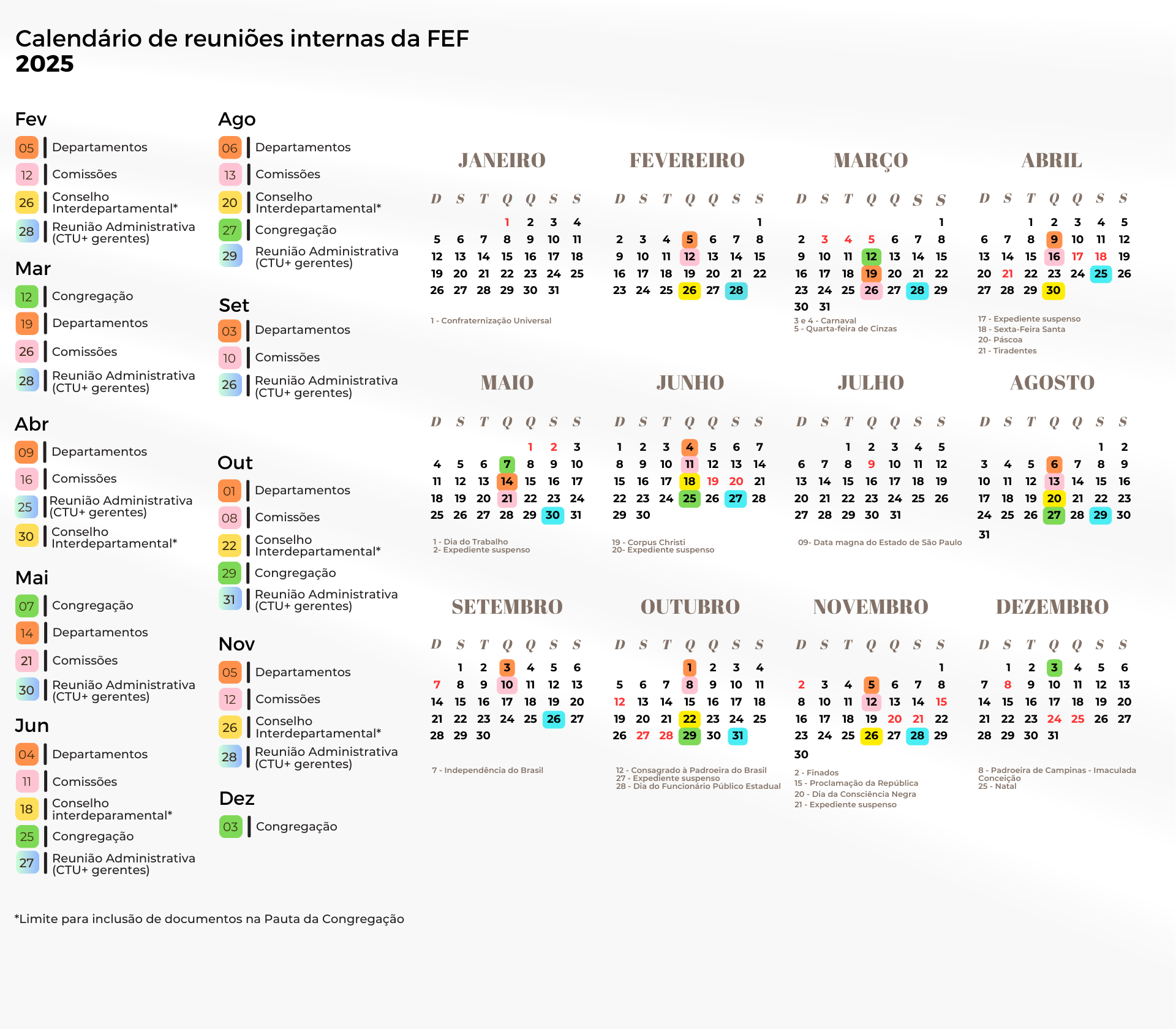 Calendários | Fef | Calendário Administrativo Unicamp 2025