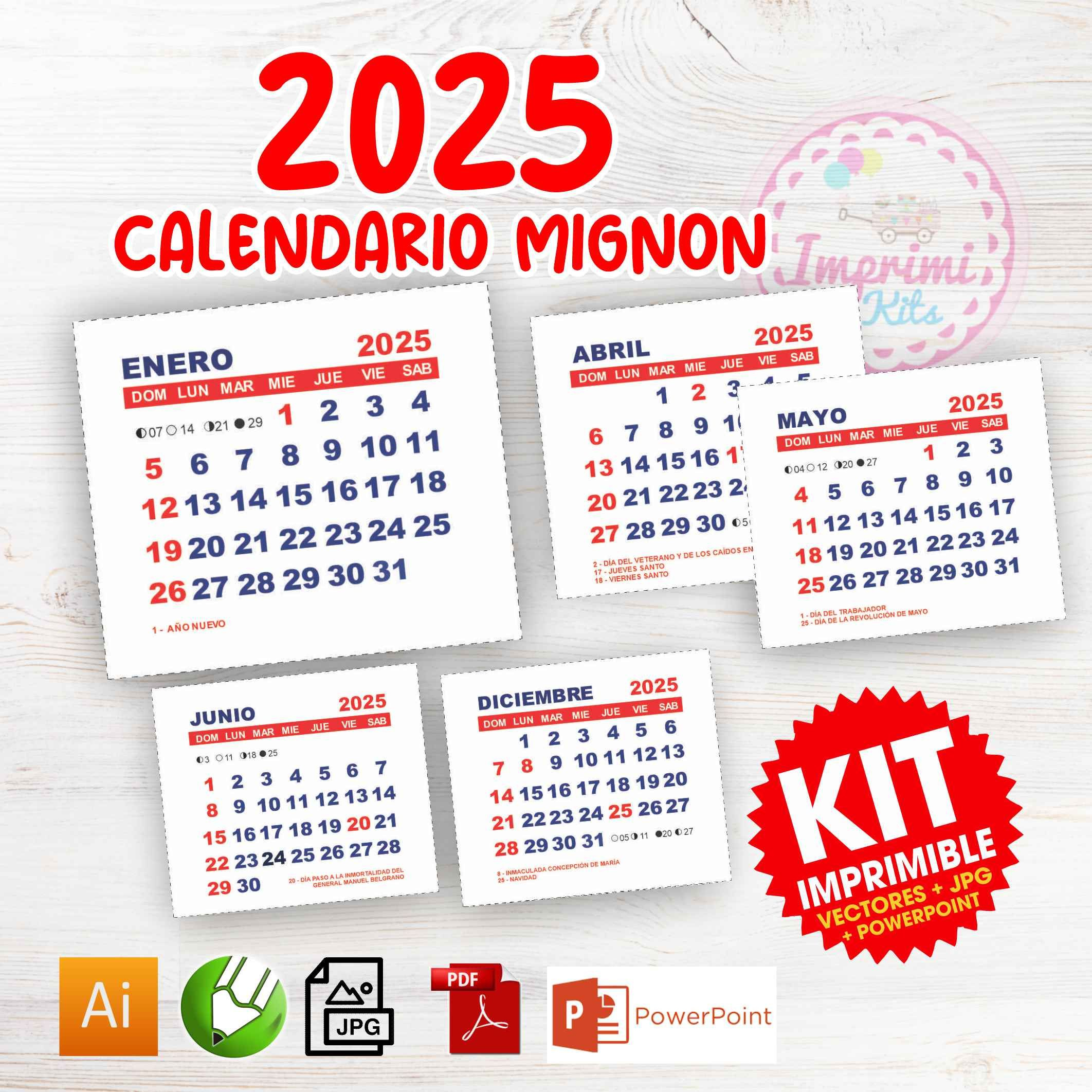 Calendarios Mignon 2025 Kit Imprimible Vectores Pdf + Powerpoint + Jpg | Mini Calendário Para Imprimir 2025