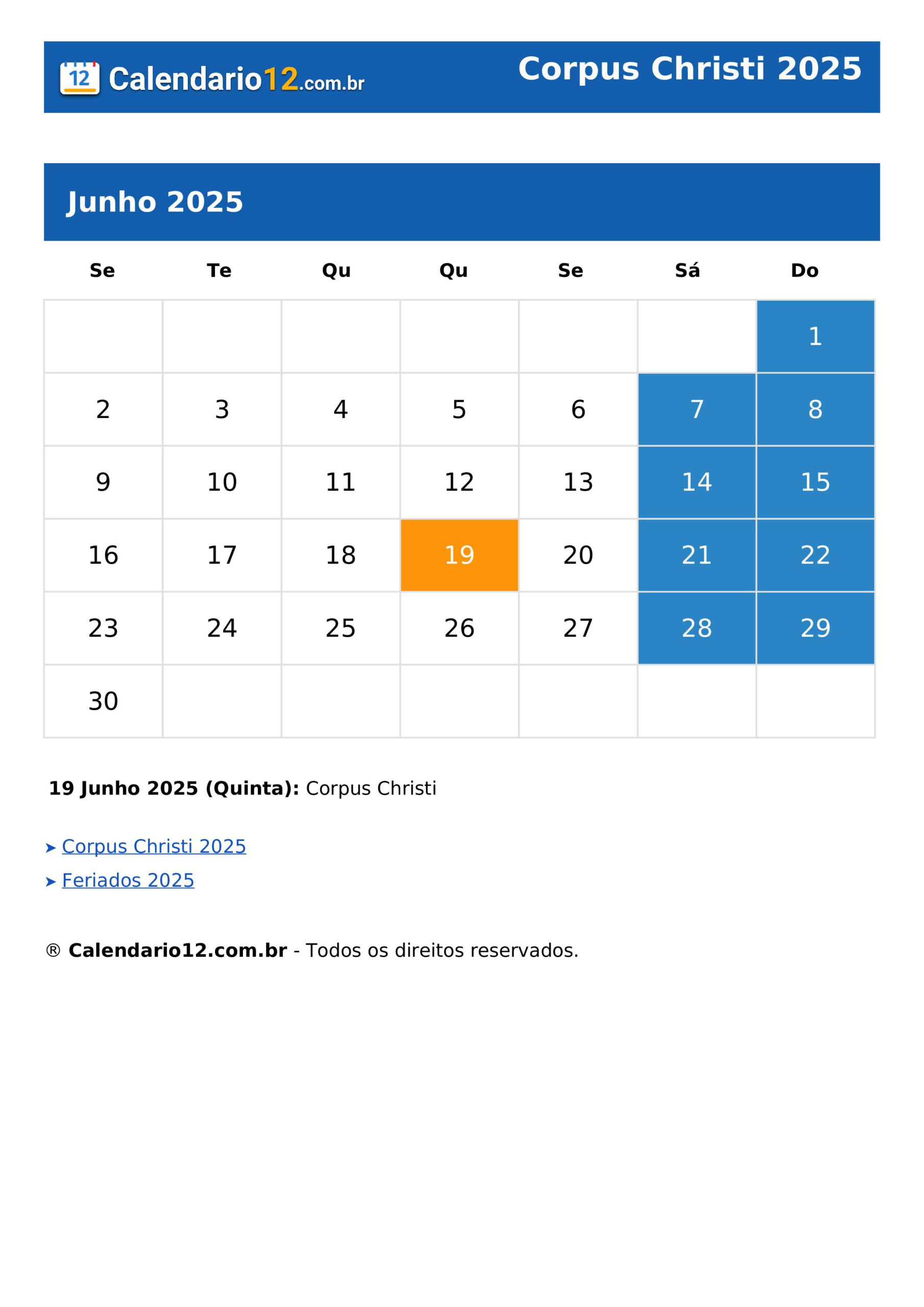 Corpus Christi 2025 ⬅️ Calendário — Calendario12.Br | Calendário Corpus Christi 2025