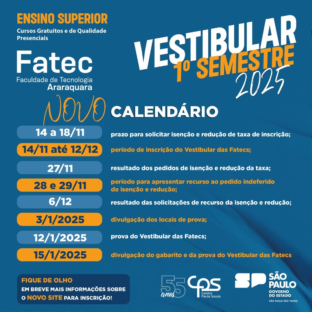 Divulgado O Calendário Para O Vestibular Fatec 2025-1 – Fatec | Calendário De Vestibulares 2025