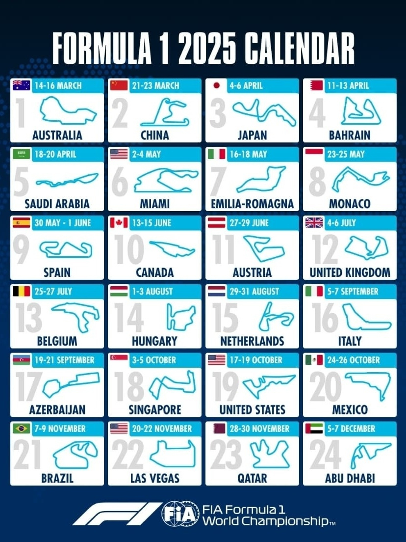 F1 Divulga Calendário De 2025 Com Gp Brasil No Início De Novembro | Calendário Da Fórmula 1 2025