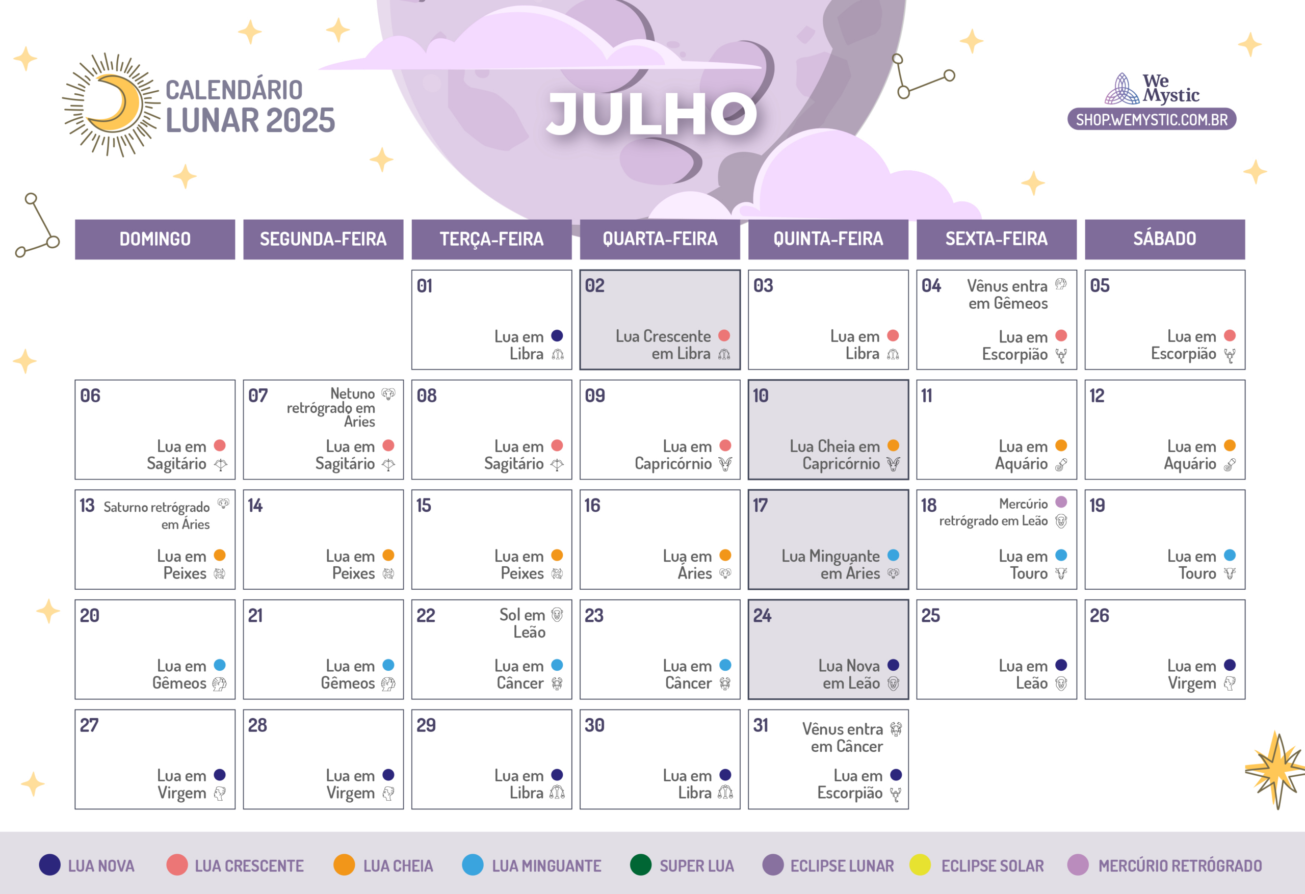 Fases Da Lua Em Julho De 2025 | Wemystic Brasil | Calendário Lunar Julho 2025