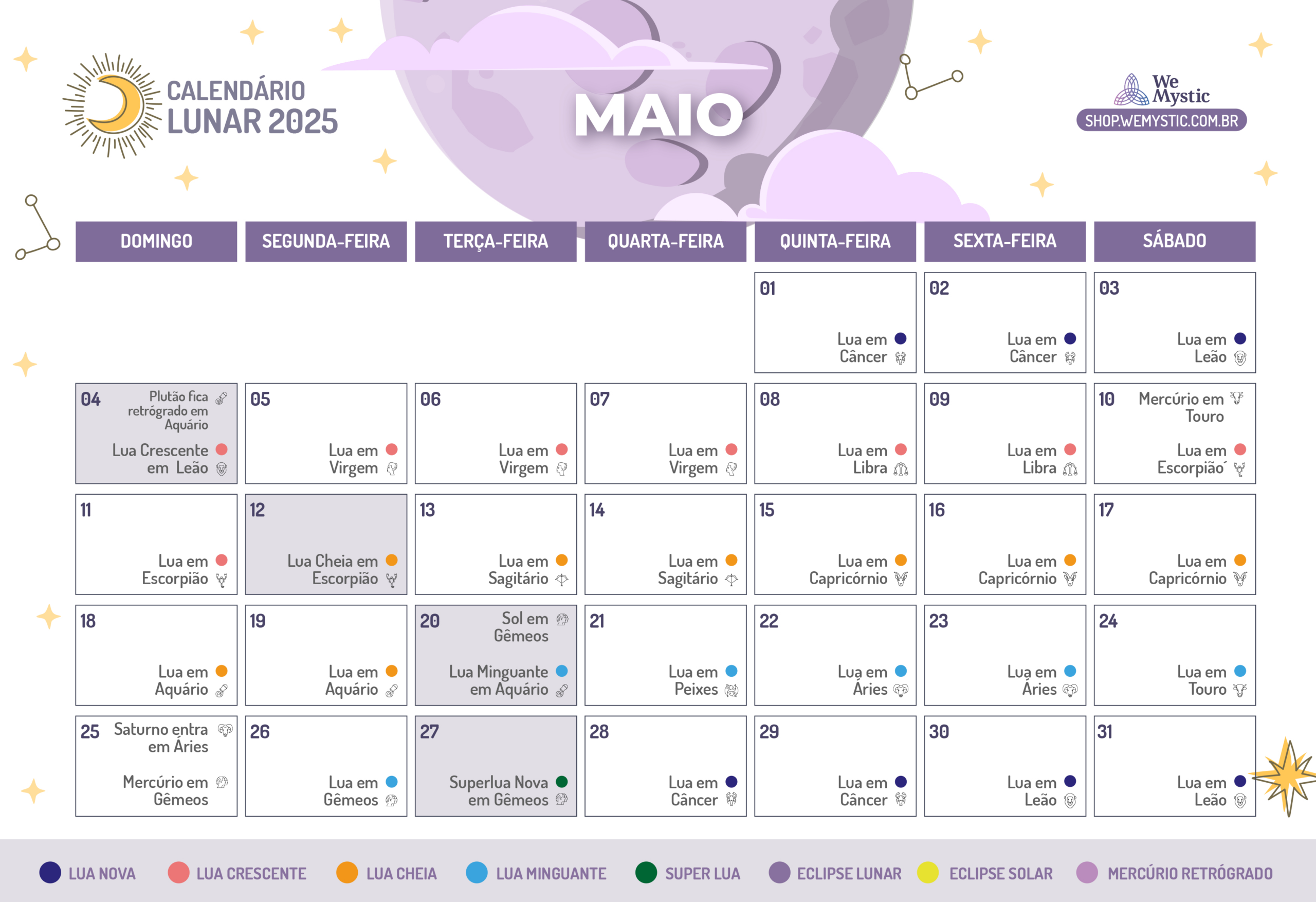 Fases Da Lua Em Maio De 2025 | Wemystic Brasil | Calendário Lunar Maio 2025