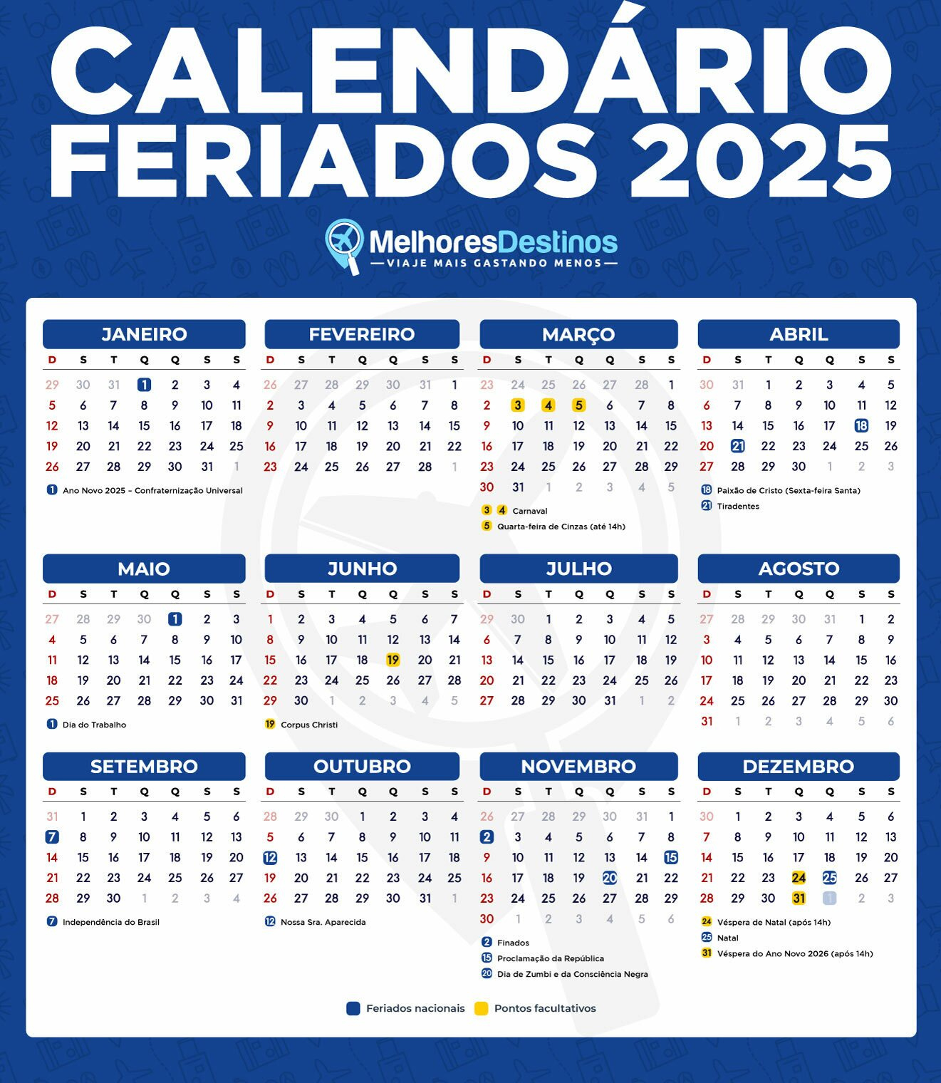 Feriados 2025 – Calendário Com Todas As Folgas Para Viajar | Calendário Janeiro 2025 Com Feriados