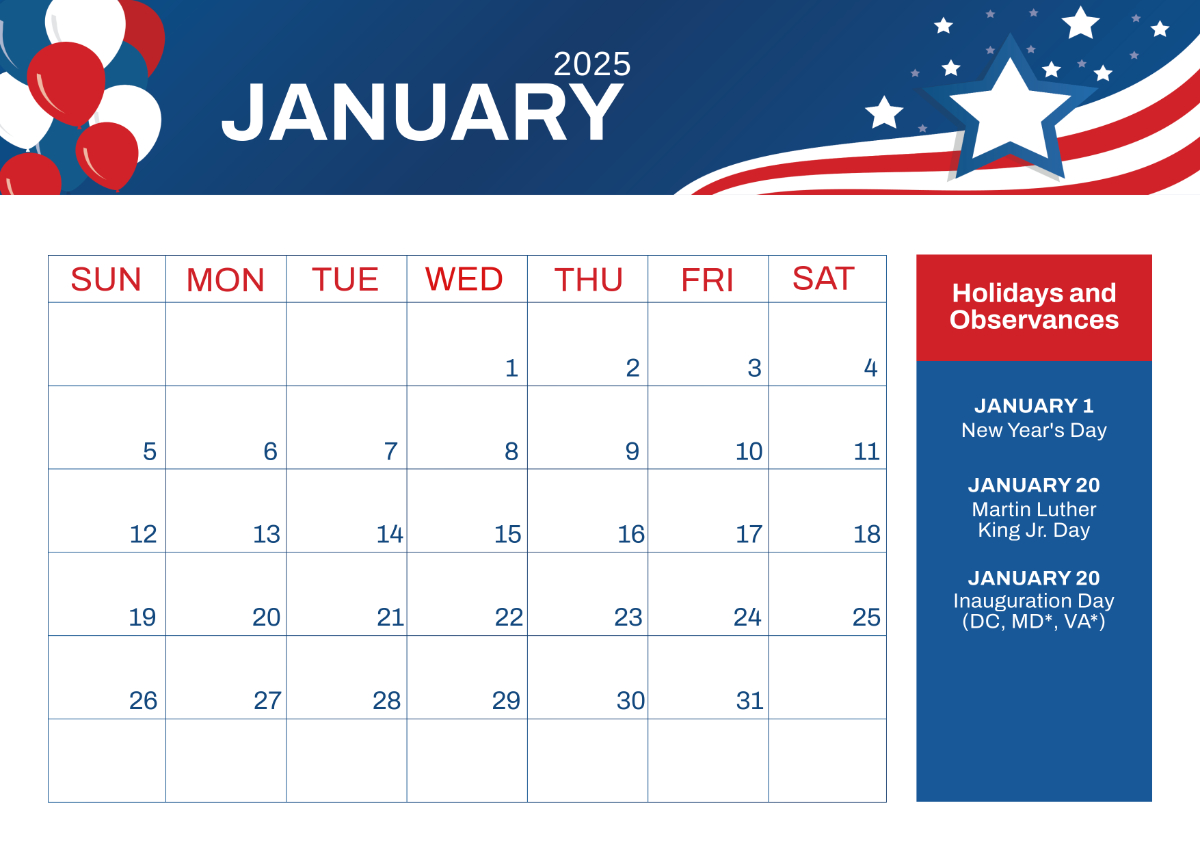 Free 2025 Us Calendar With Holidays Template - Edit Online | Calendário Janeiro De 2025 Informational