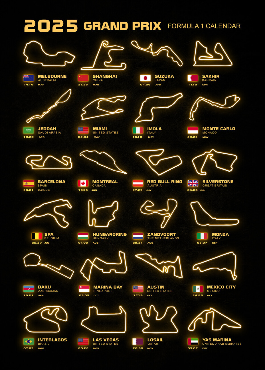 Ilustração Artísticos | Formula 1 Season Calendar 2025 | Europosters | Calendário Da F1 2025