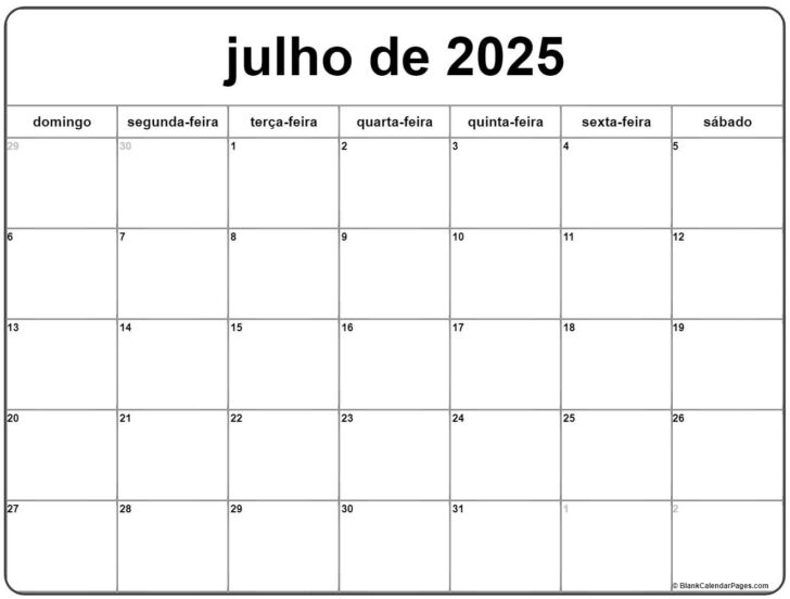 Calendário de Julho 2025