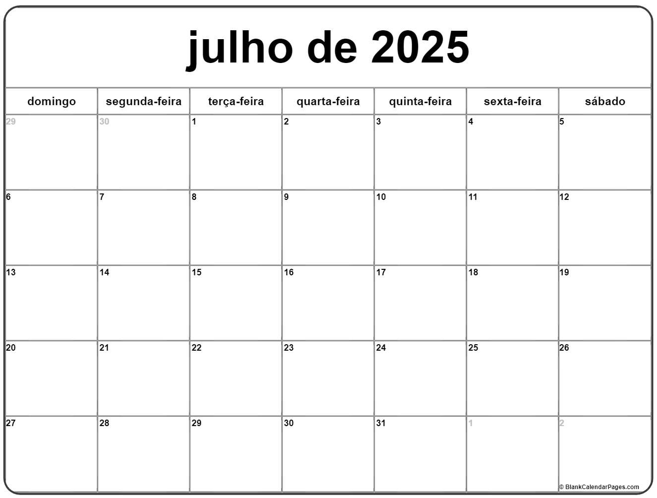 Julho De 2025 Calendario Grátis Em Português | Calendario Julho | Calendário De Julho 2025