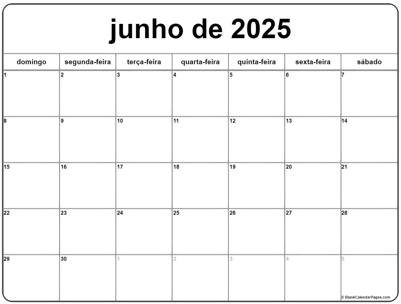 Junho De 2025 Calendario Grátis Em Português | Calendario Junho | Calendário Junho 2025 Para Imprimir