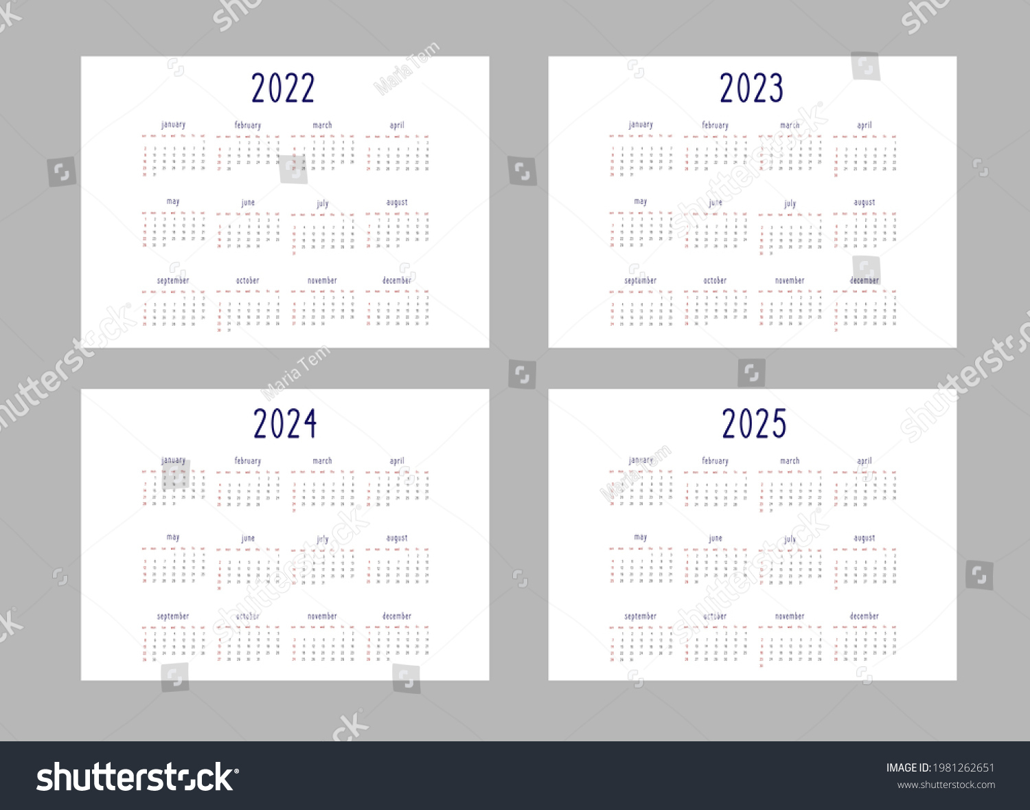 Kalender 2022 2023 2024 2025 Jahre: Stock-Vektorgrafik (Lizenzfrei | Calendário 2022 a 2025