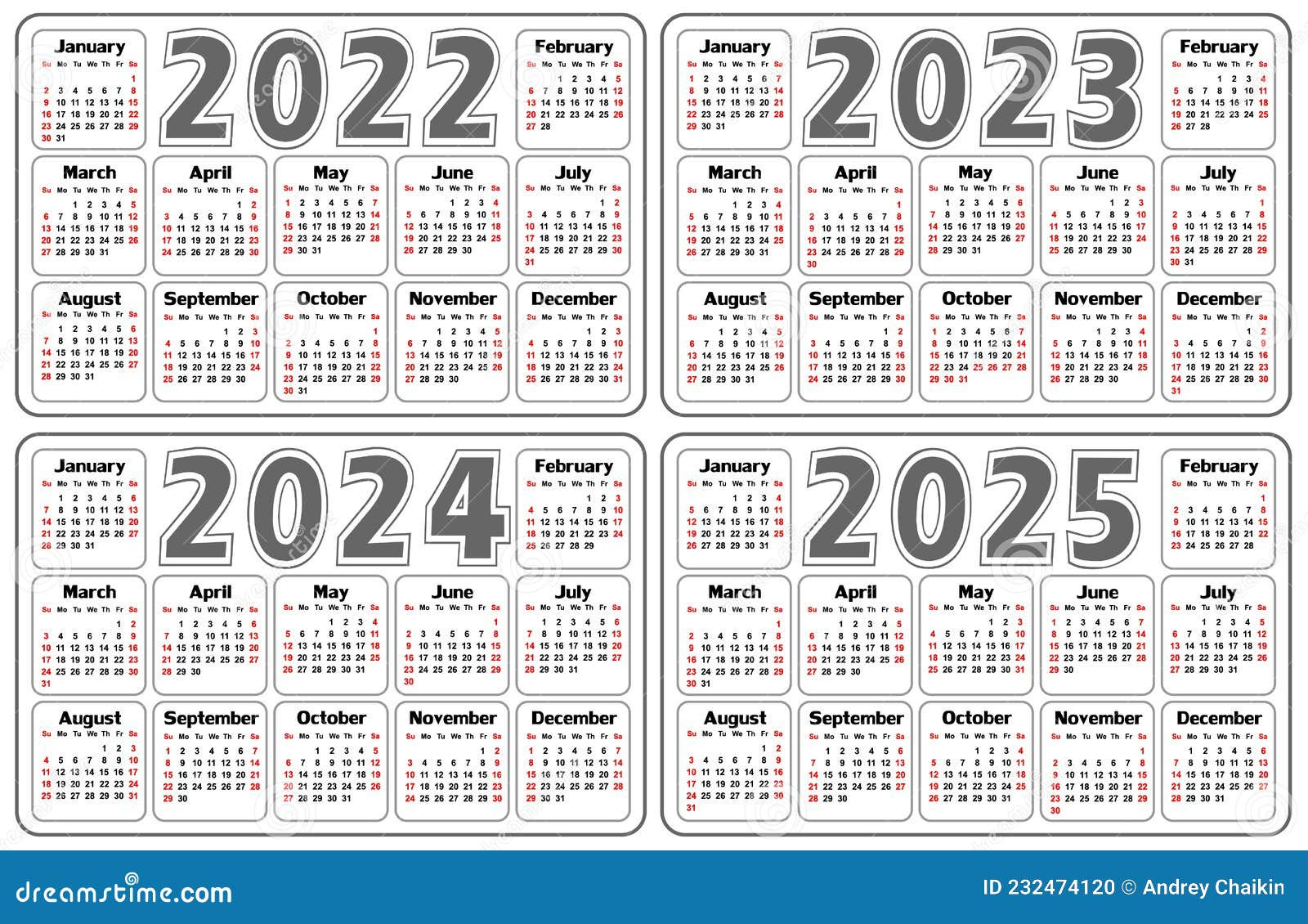 Kalender 2022 2025. Vektor Abbildung. Illustration Von Dekade | Calendário 2022 a 2025