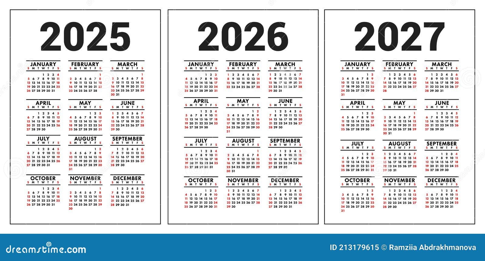 Kalender 2025 2026 Und 2027. Englischer Vektorsatz. Wand- Oder | Calendário 2025 e 2026