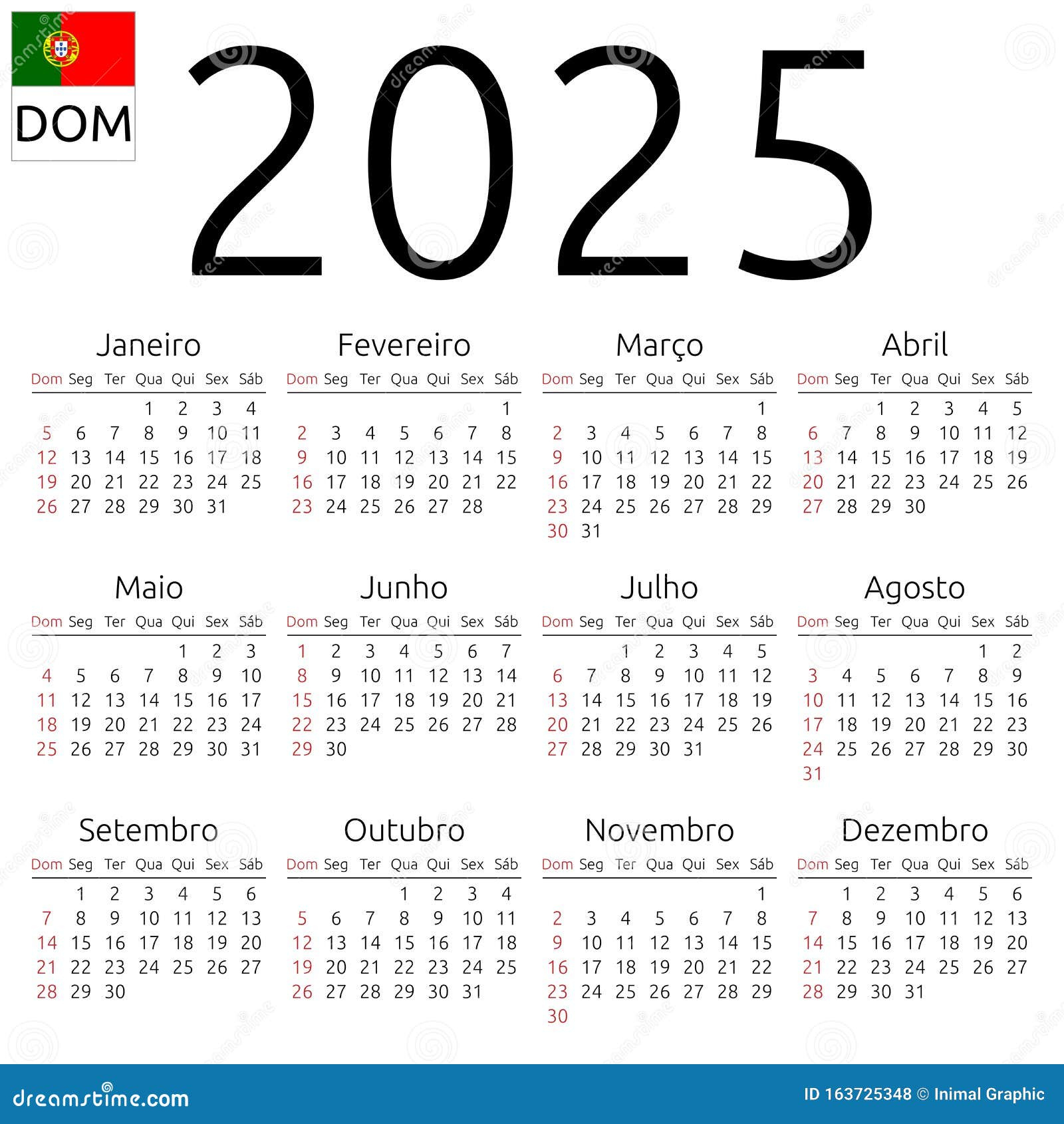 Kalender 2025, Portugiesisch, Sonntag Vektor Abbildung | Calendário De 2025 Em Português