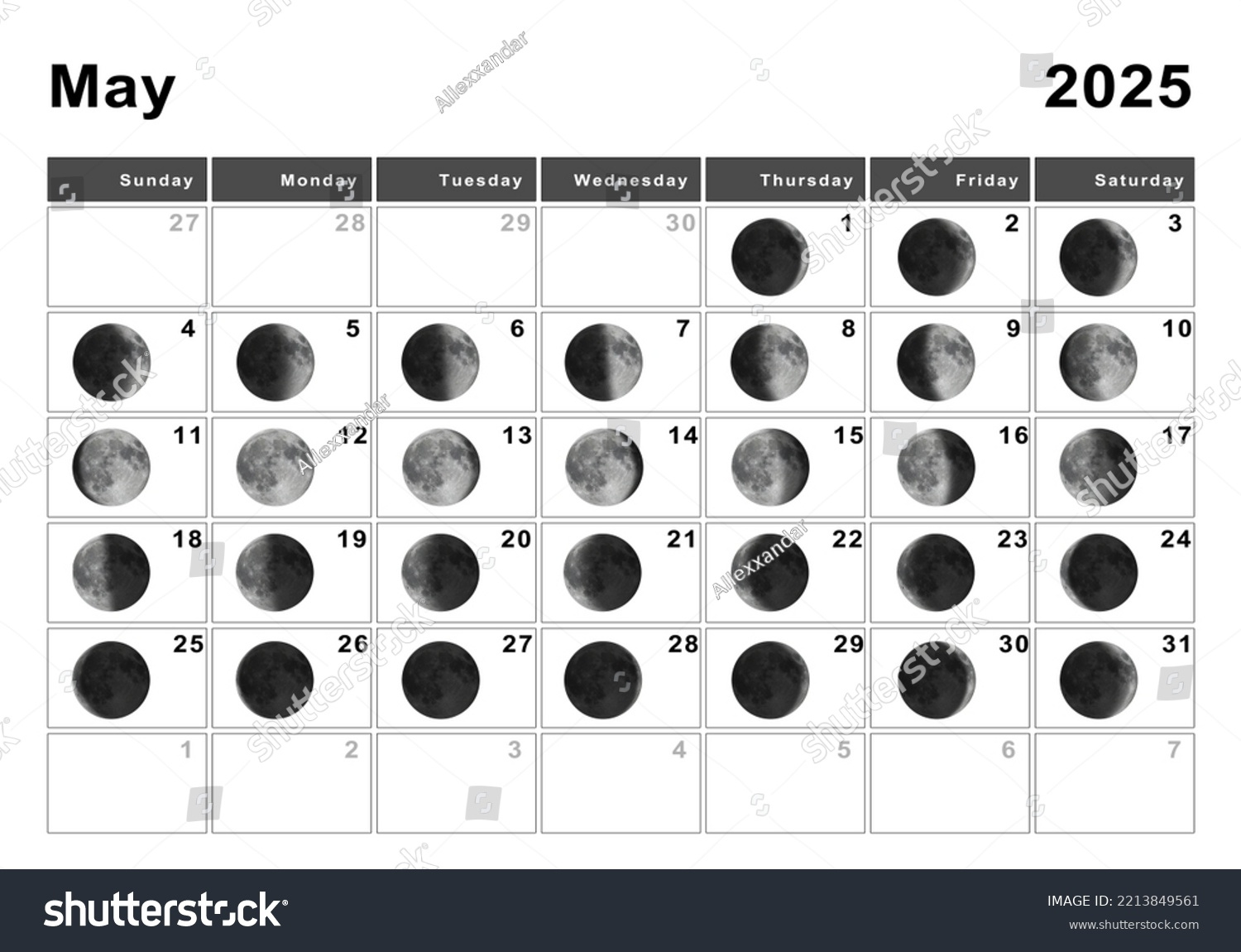 Mai 2025 Mondkalender, Mondzyklen, Mondphasen: Stockillustration | Calendário Lunar 2025