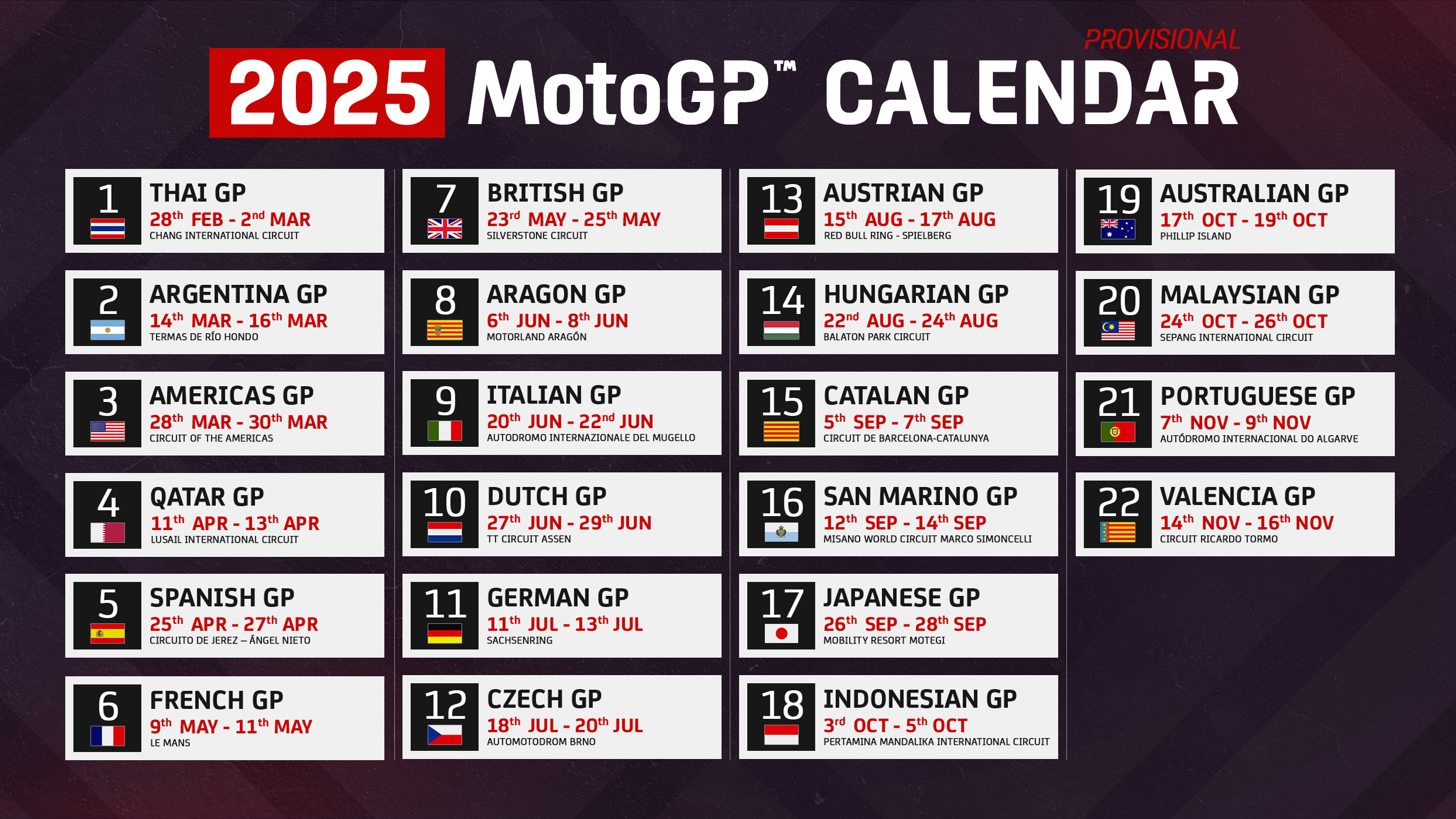 Motogp Stellt Seinen Komplett Neu Gestalteten Kalender 2025 Vor | Calendário Moto Gp 2025