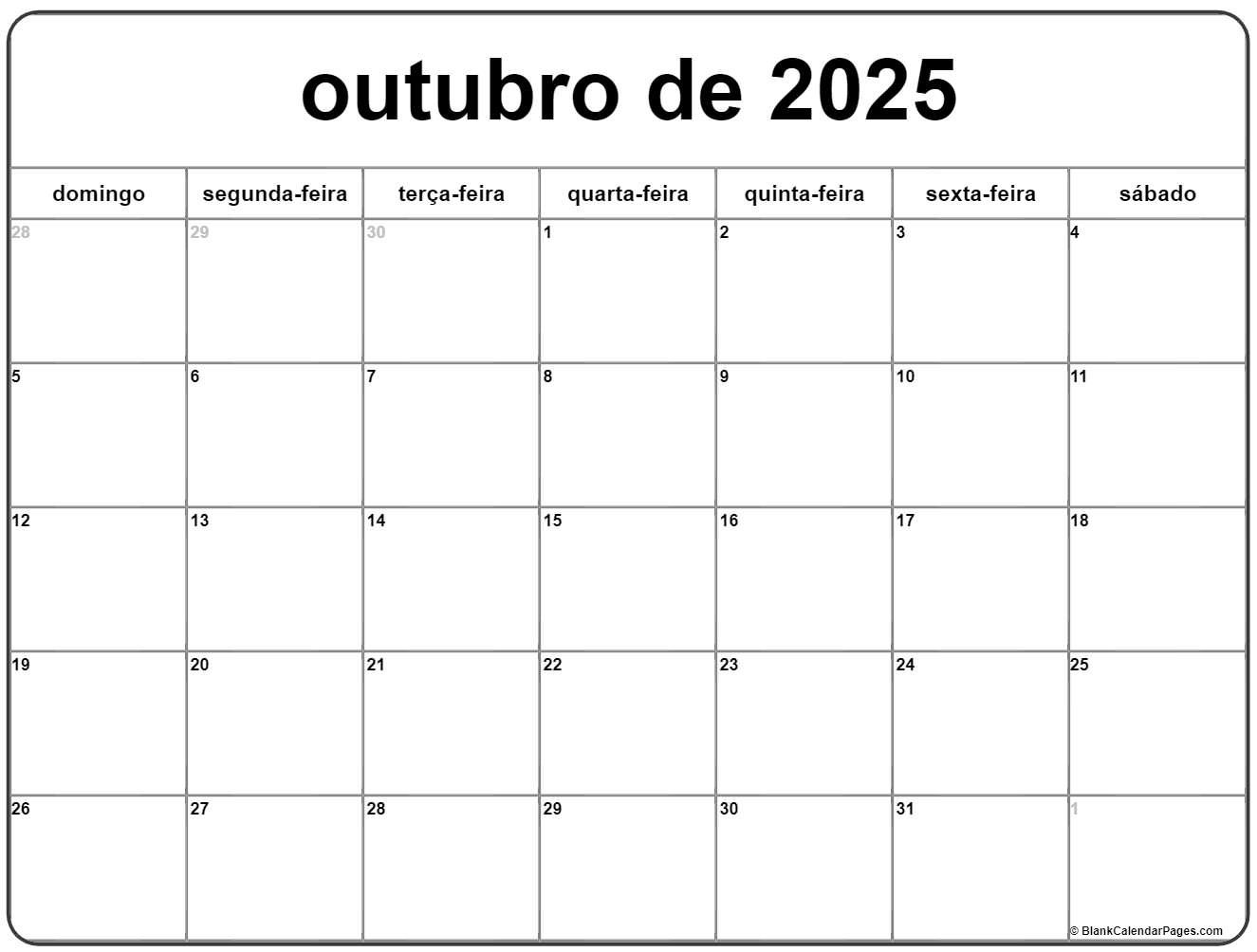 Outubro De 2025 Calendario Grátis Em Português | Calendario Outubro | 12 De Outubro De 2025 Calendário