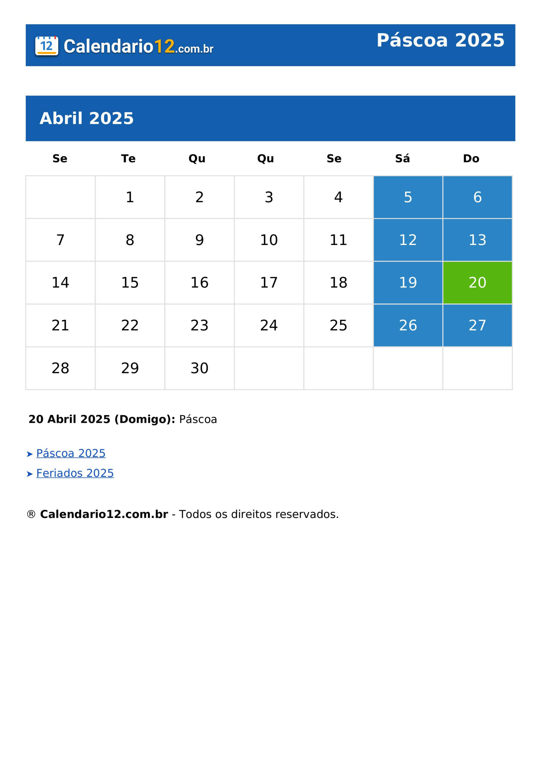 Páscoa 2025 ⬅️ Calendário — Calendario12.Br | Páscoa 2025 Data Calendário