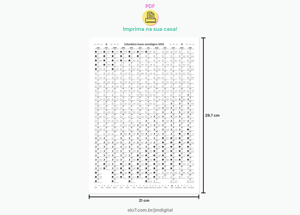 Planner Calendário Lunar Astrológico 2025 A4 Para Imprimir | Elo7 | Calendário Lunar 2025 Gravidez
