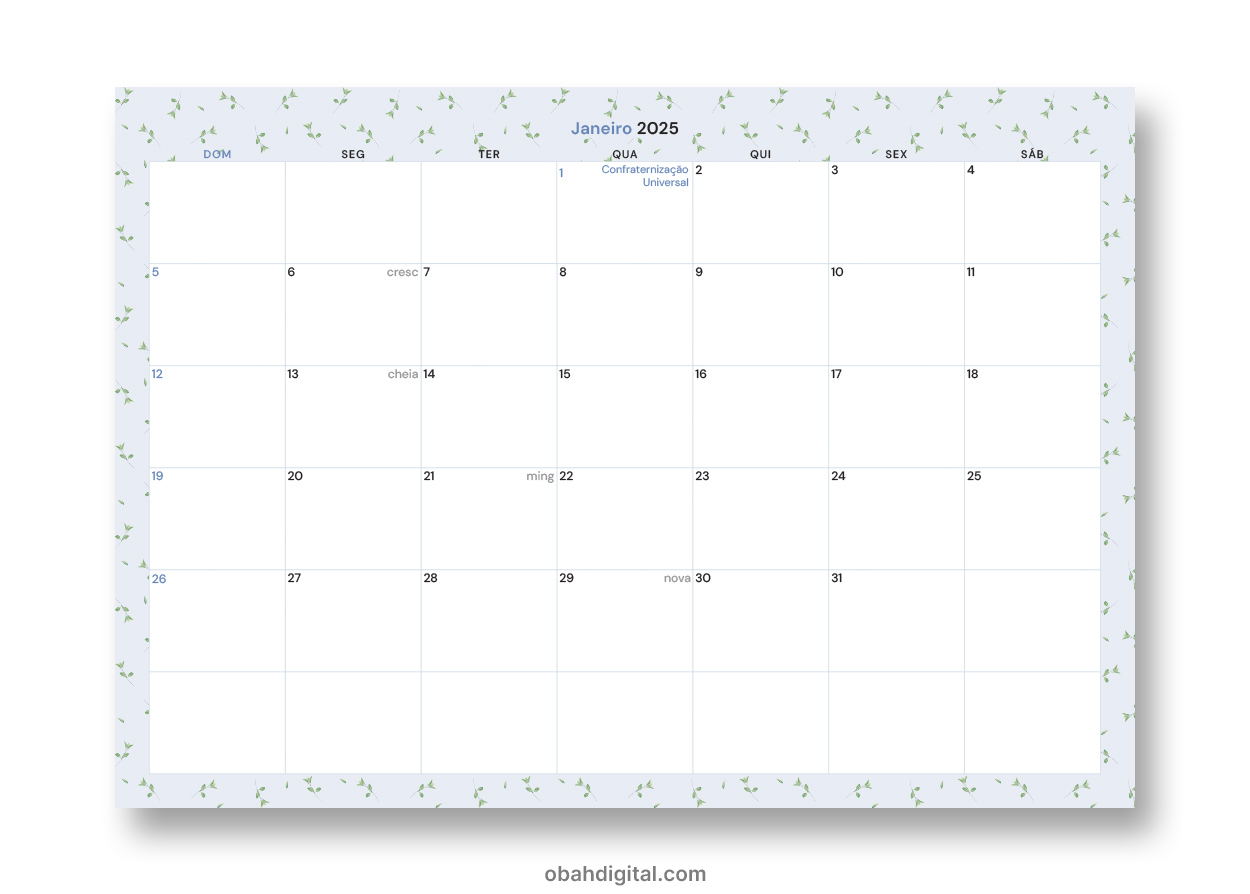 Planner Digital Mensal 2025 A4 Para Imprimir | Calendário Mensal 2025 para Imprimir