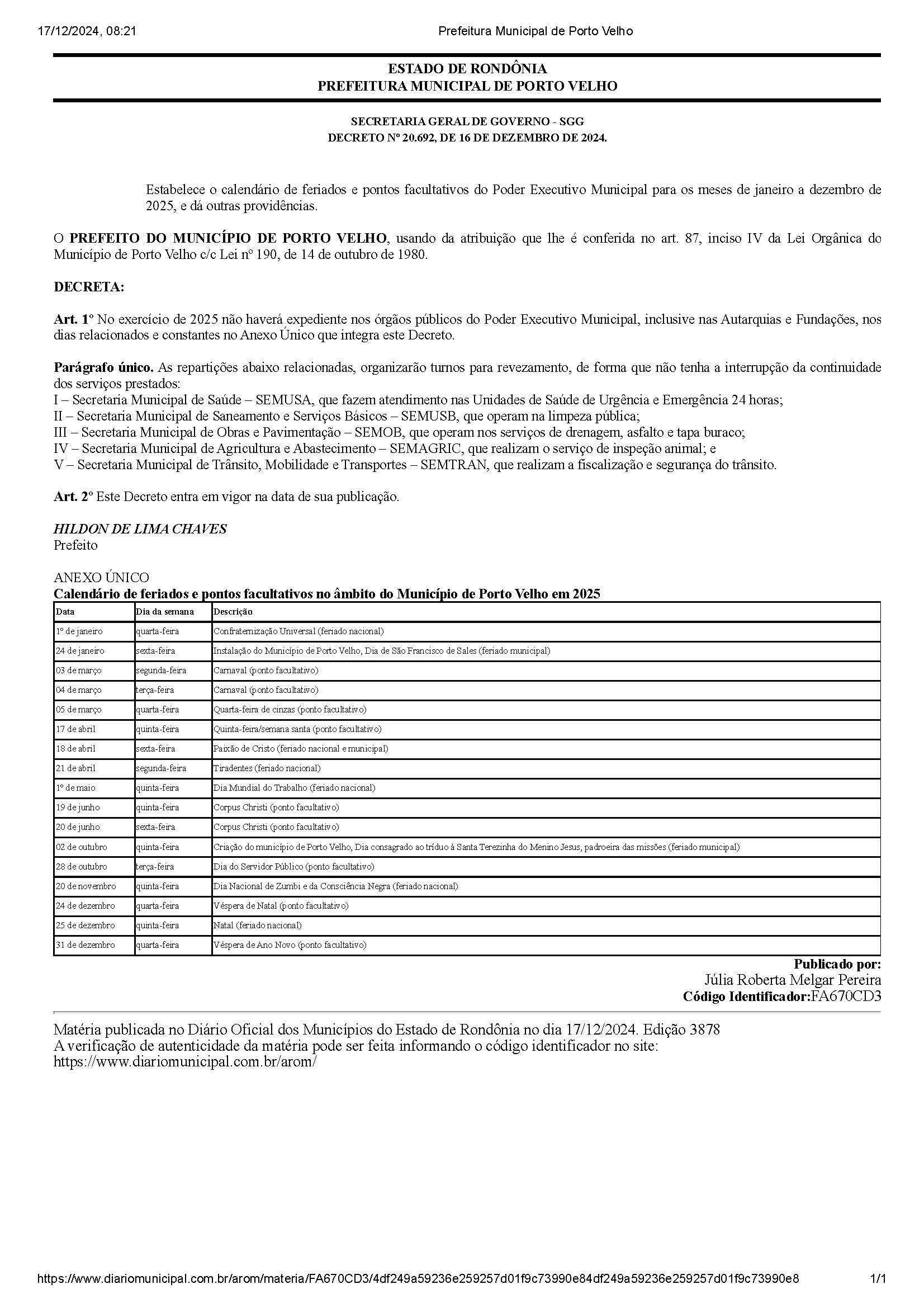 Prefeitura Divulga Calendário Com Feriados E Pontos Facultativos | Decreto Municipal Calendário De Pontos Facultativos 2025